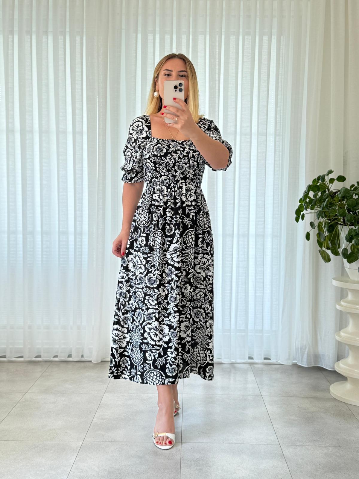 8027 Siyah Gipeli Çiçek Elbise 