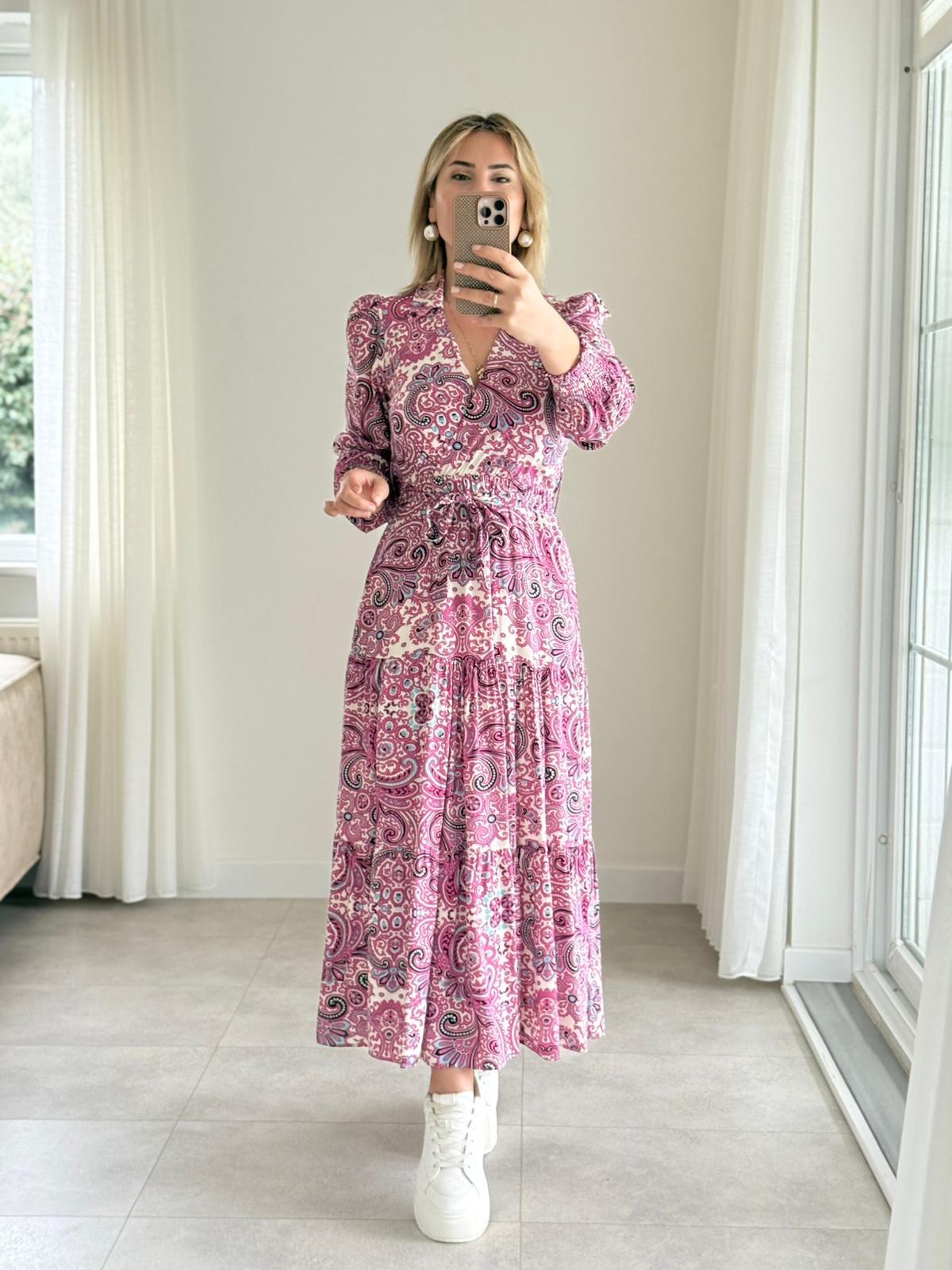 7307 Pembe Maxi Kruvaze Elbise
