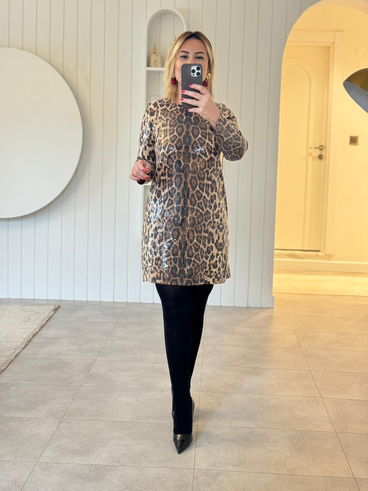7099 Leopar Desen Premıum Payet Elbise