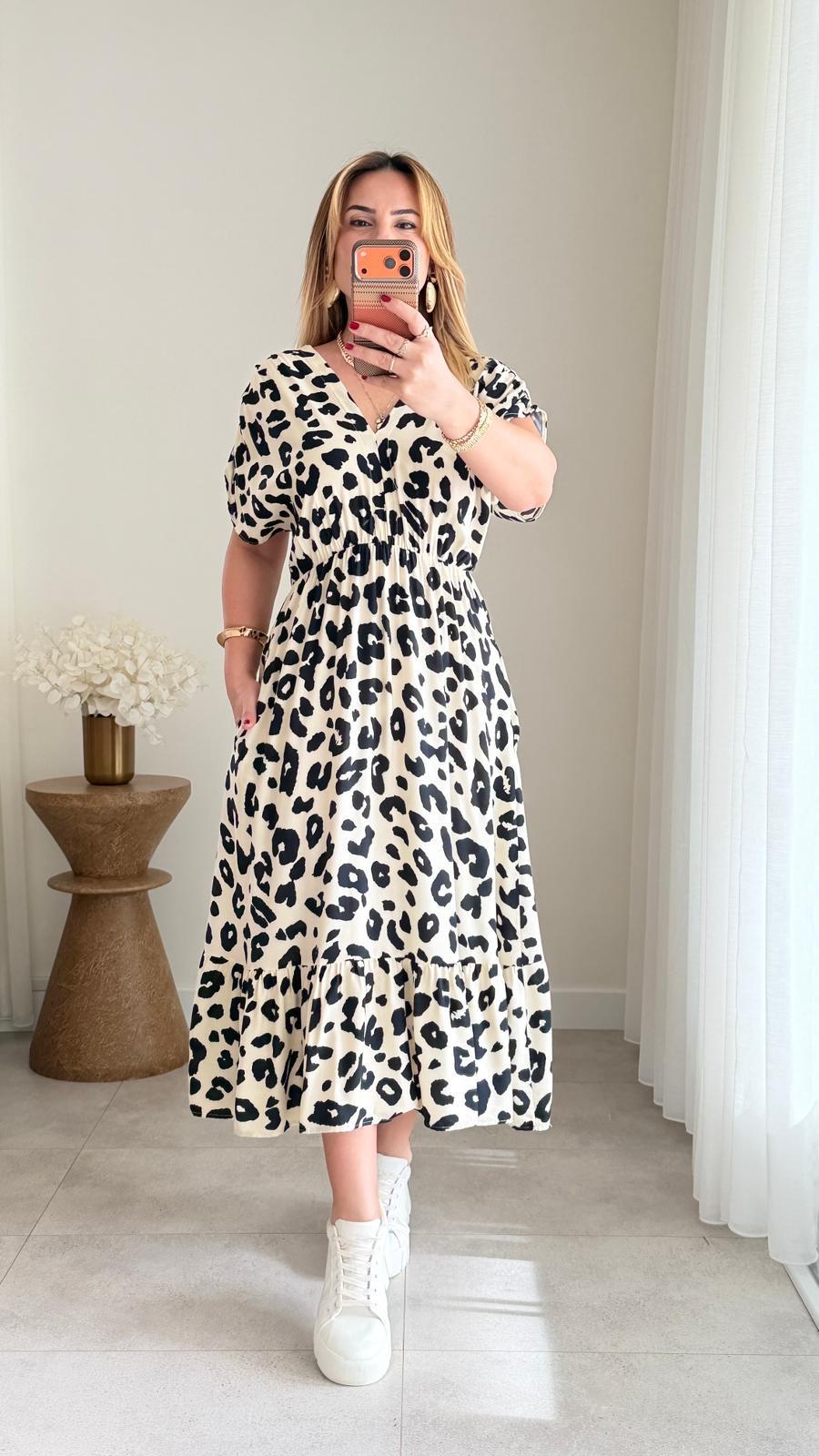 8929 Krem Siyah Desen v Yaka Bel Lastikli Elbise