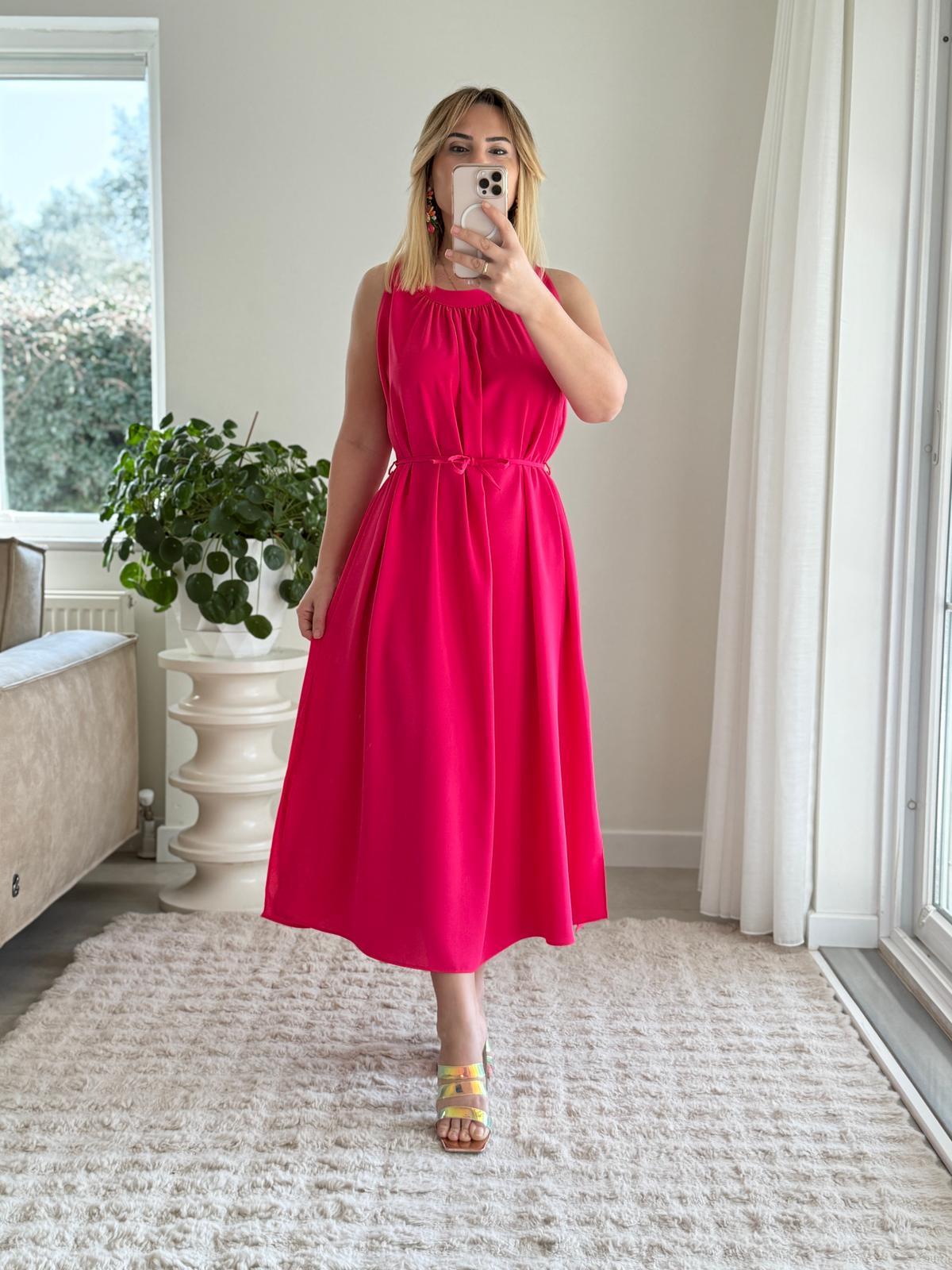 6748 Pembe Bel İpli Geniş Elbise