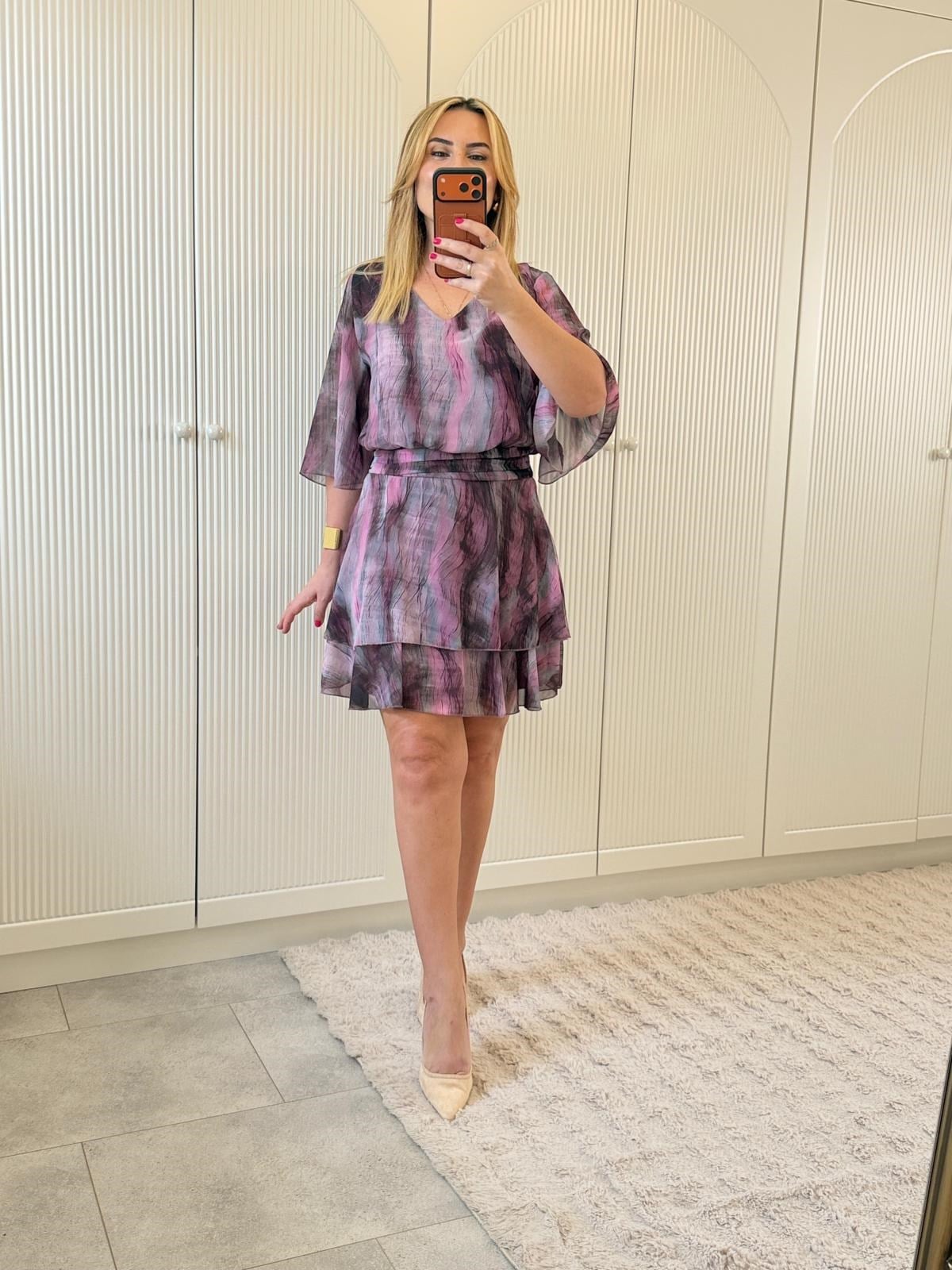 9131 Pembe V Yaka Etekli Şifon Elbise