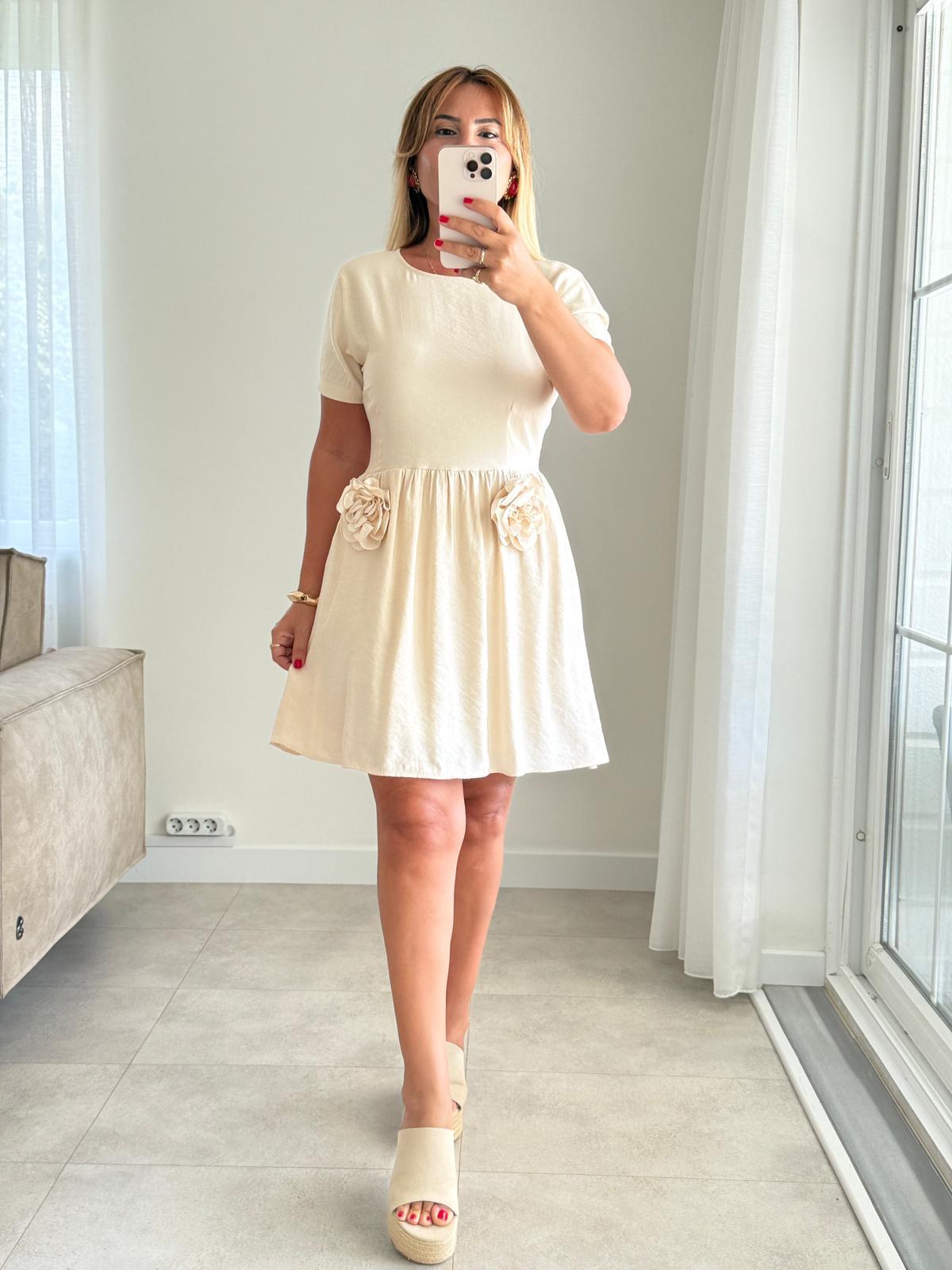 6430 Krem Gül Detay Elbise