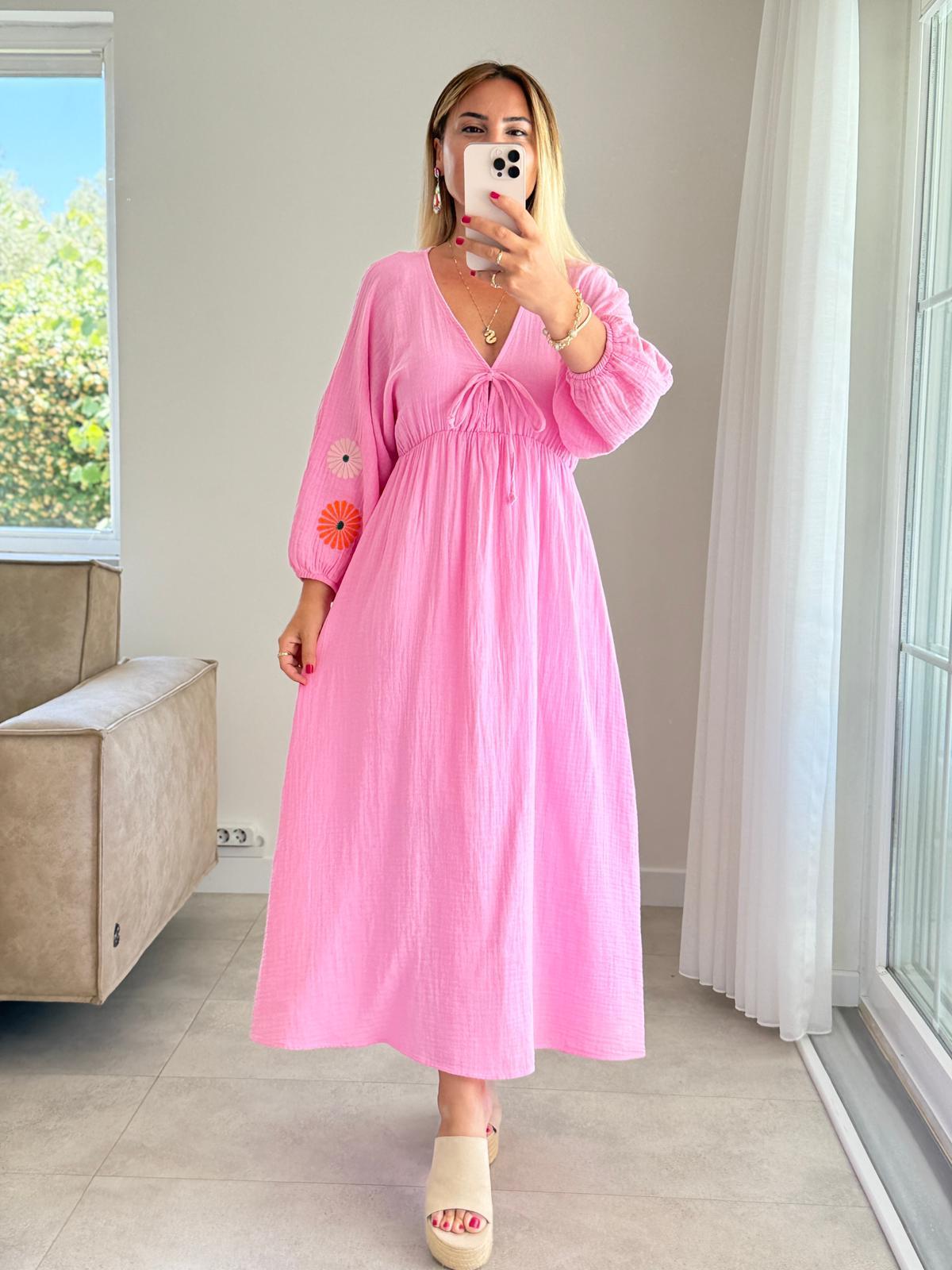 8161 Pembe Müslin Astarlı Elbise