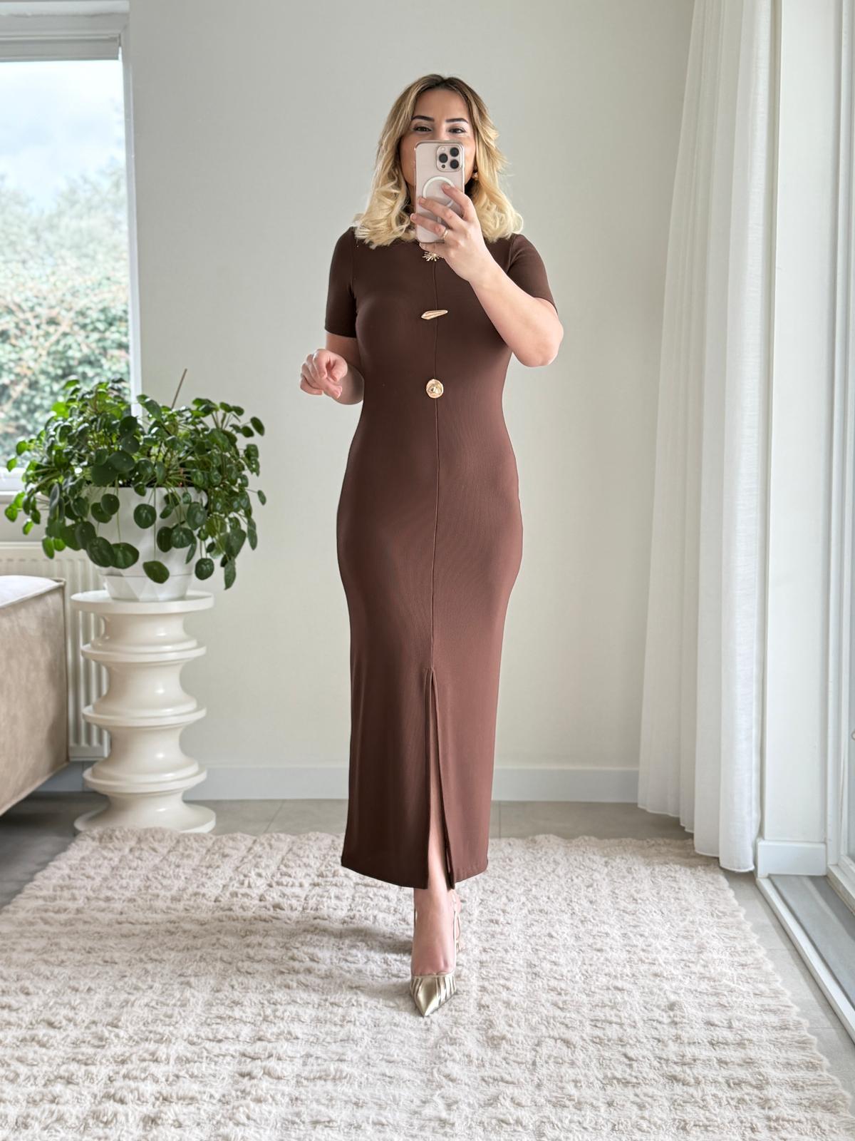 7668 Kahve Gold Aksesuar Elbise