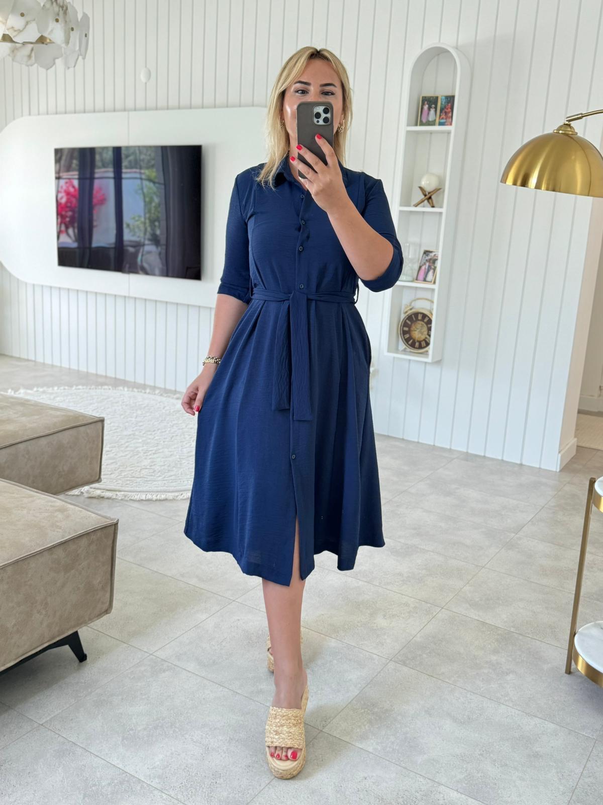 6337 Lacivert Tensel Gömlek Elbise
