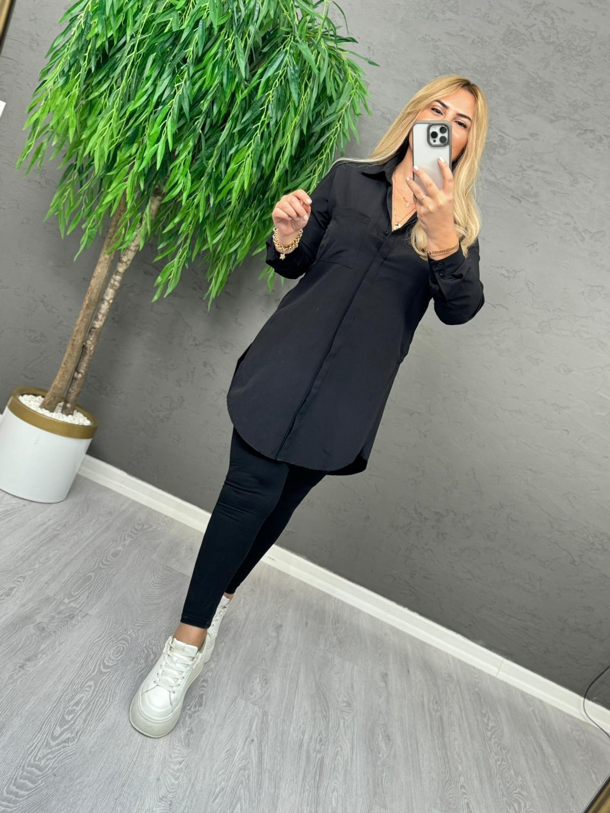 5566 Siyah Yan Yırtmaçlı Gömlek