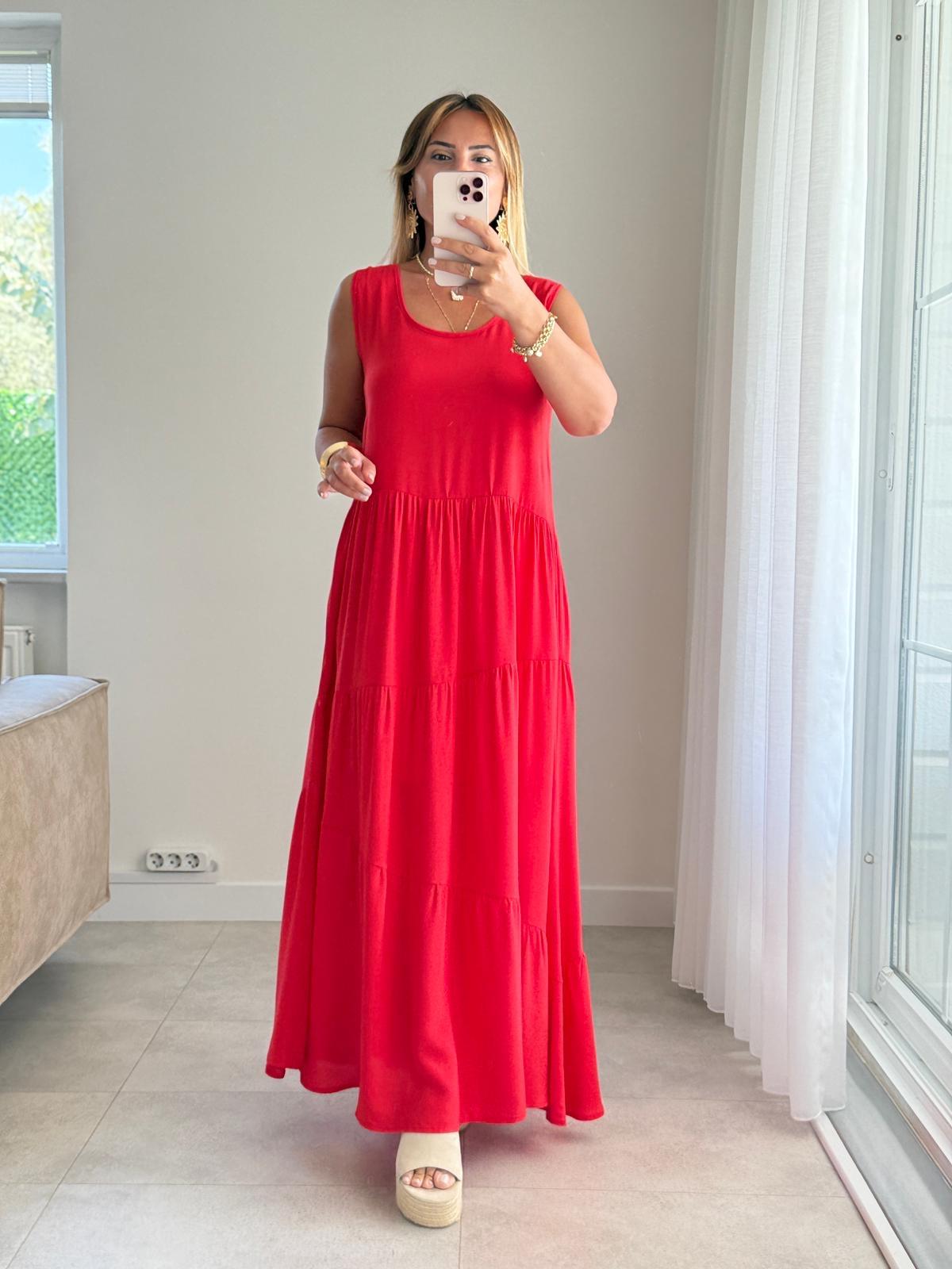 8420 Kırmızı Bisiklet Yaka Katlı Maxi Elbise