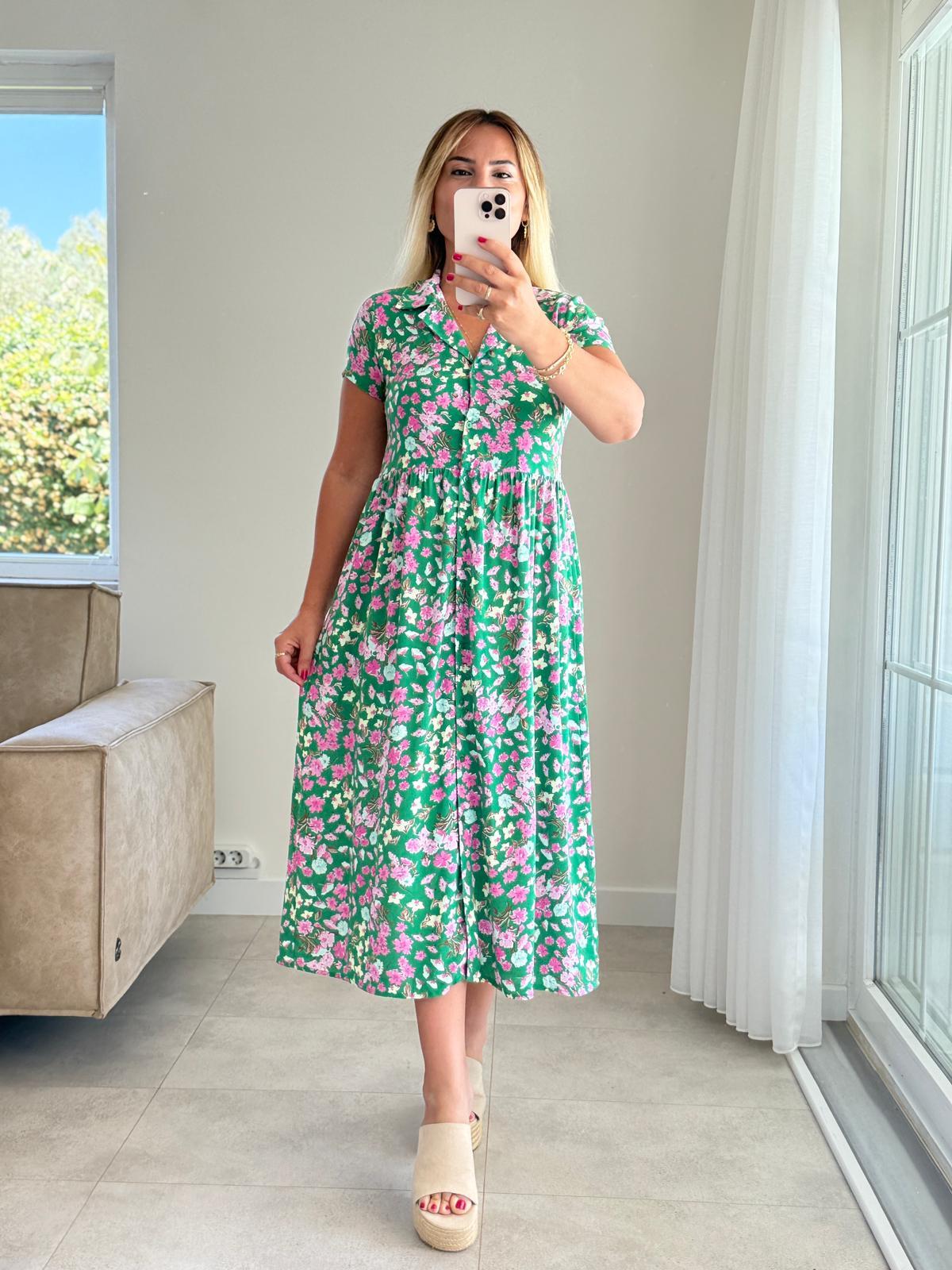 8153 Yeşil Pembe Çiçek Elbise