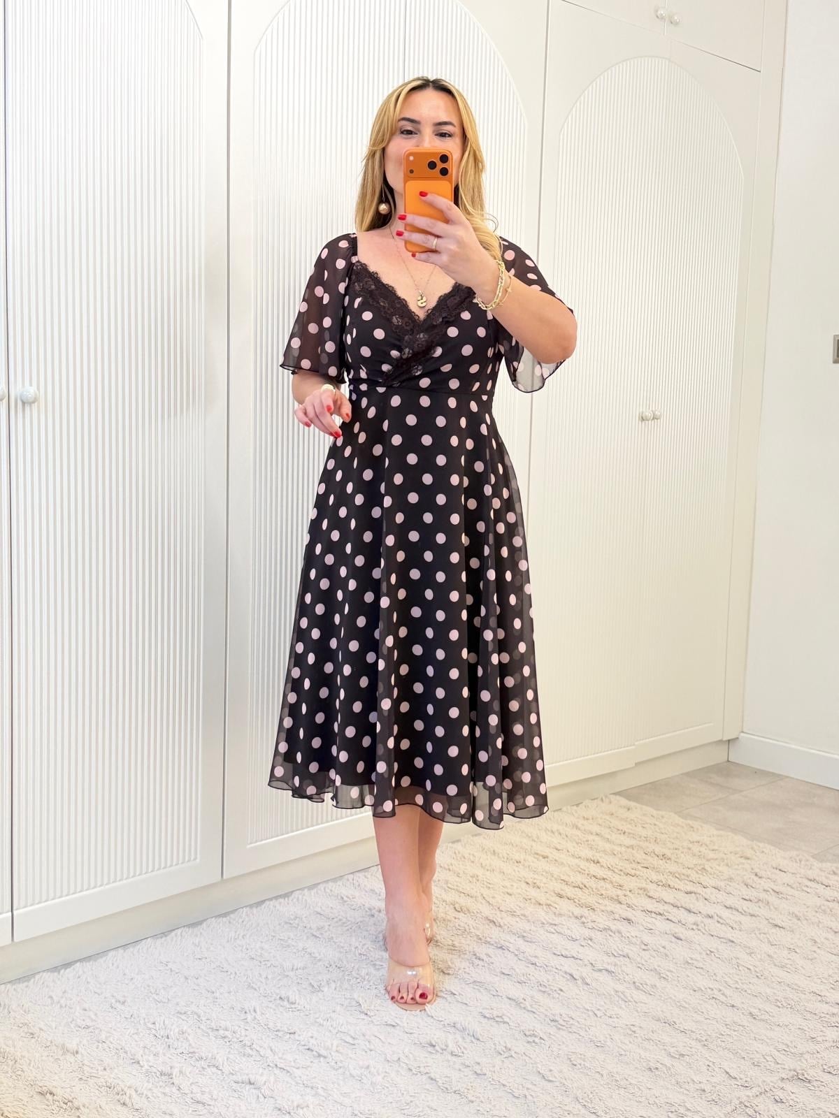 9268 Kahve Puantiye Dantel Detaylı Premium Kruvaze Elbise