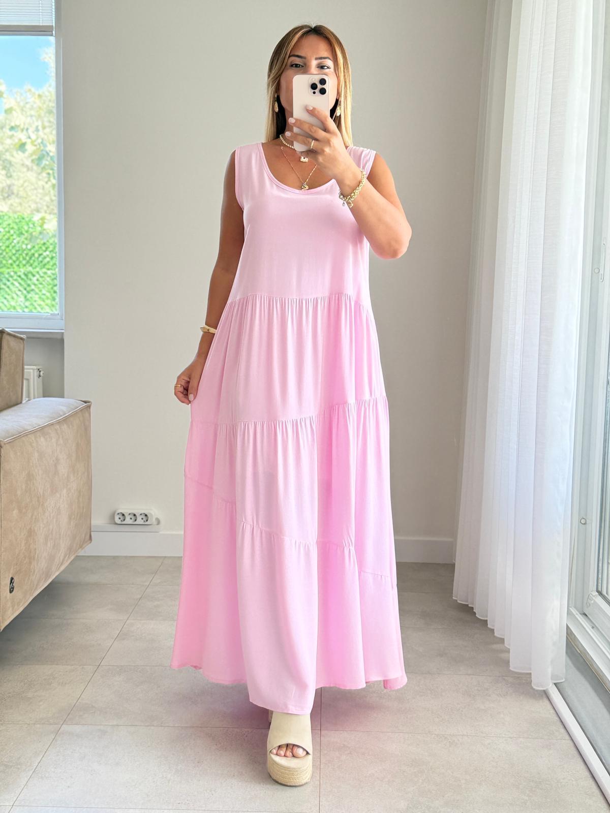 8417 Pembe Bisiklet Yaka Katlı Maxi Elbise