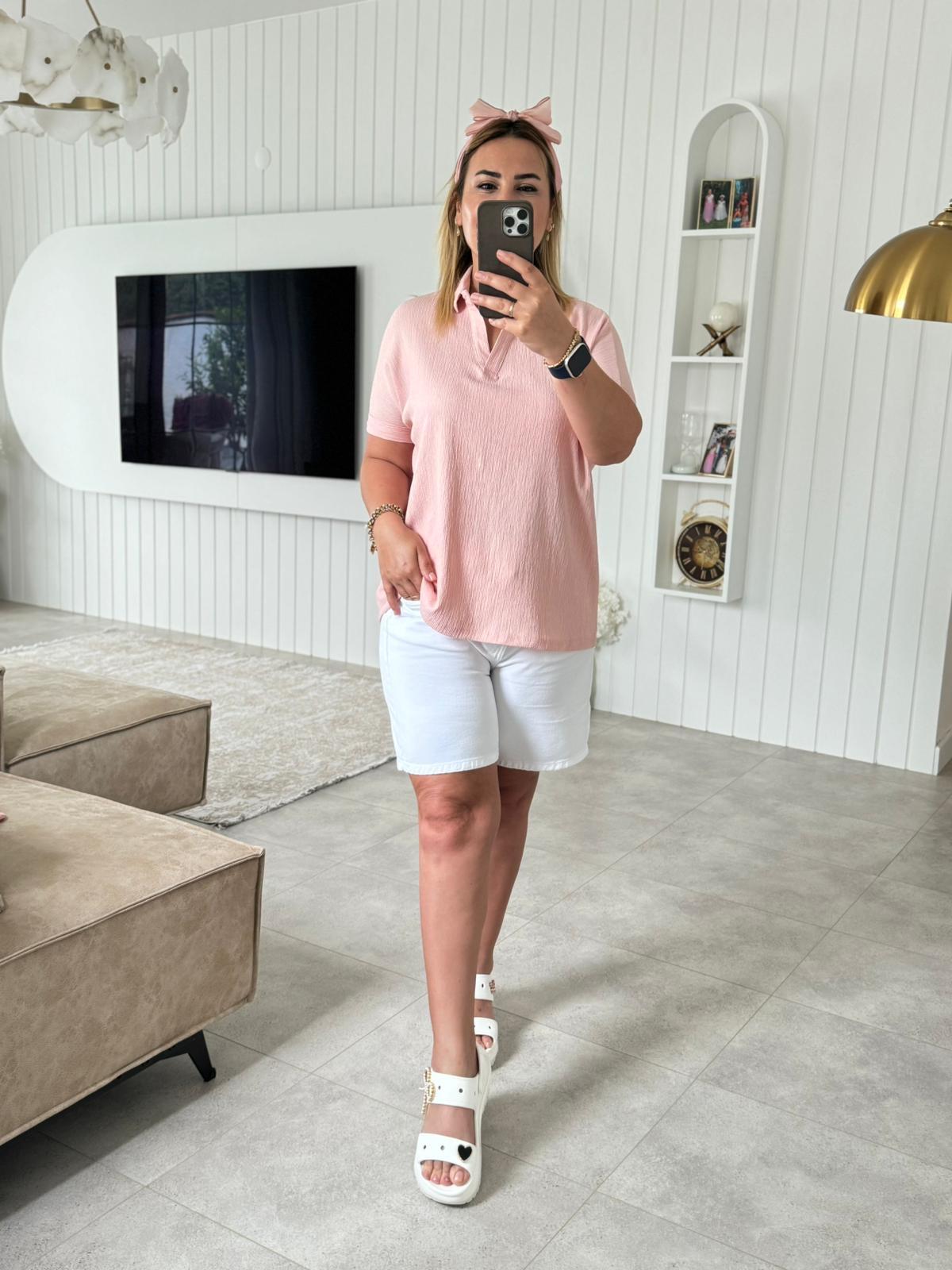 6215 Pudra Pembe Gömlek Yaka Bluz