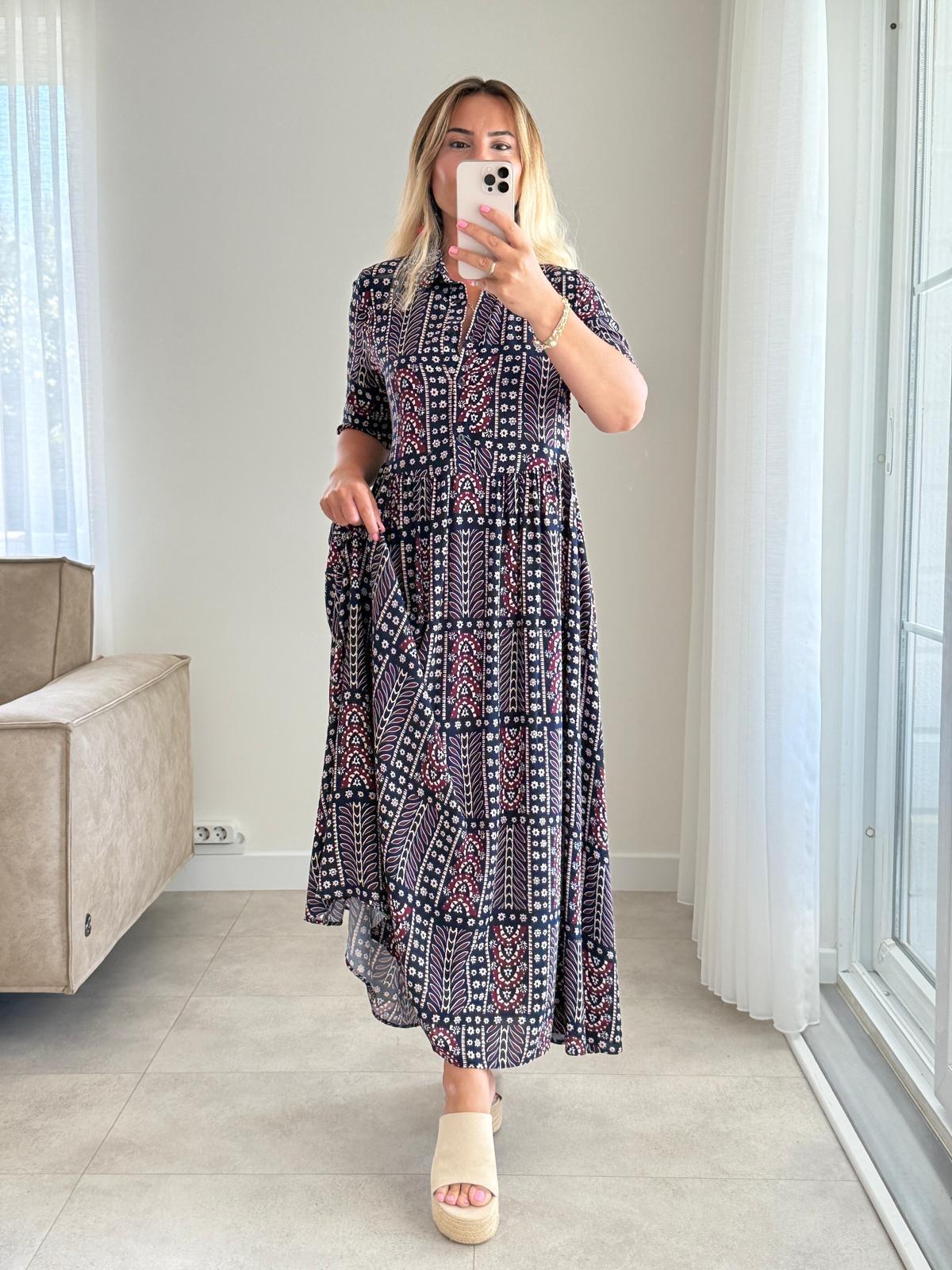 8241 Lacivert Yarım Patlı Gömlek Elbise