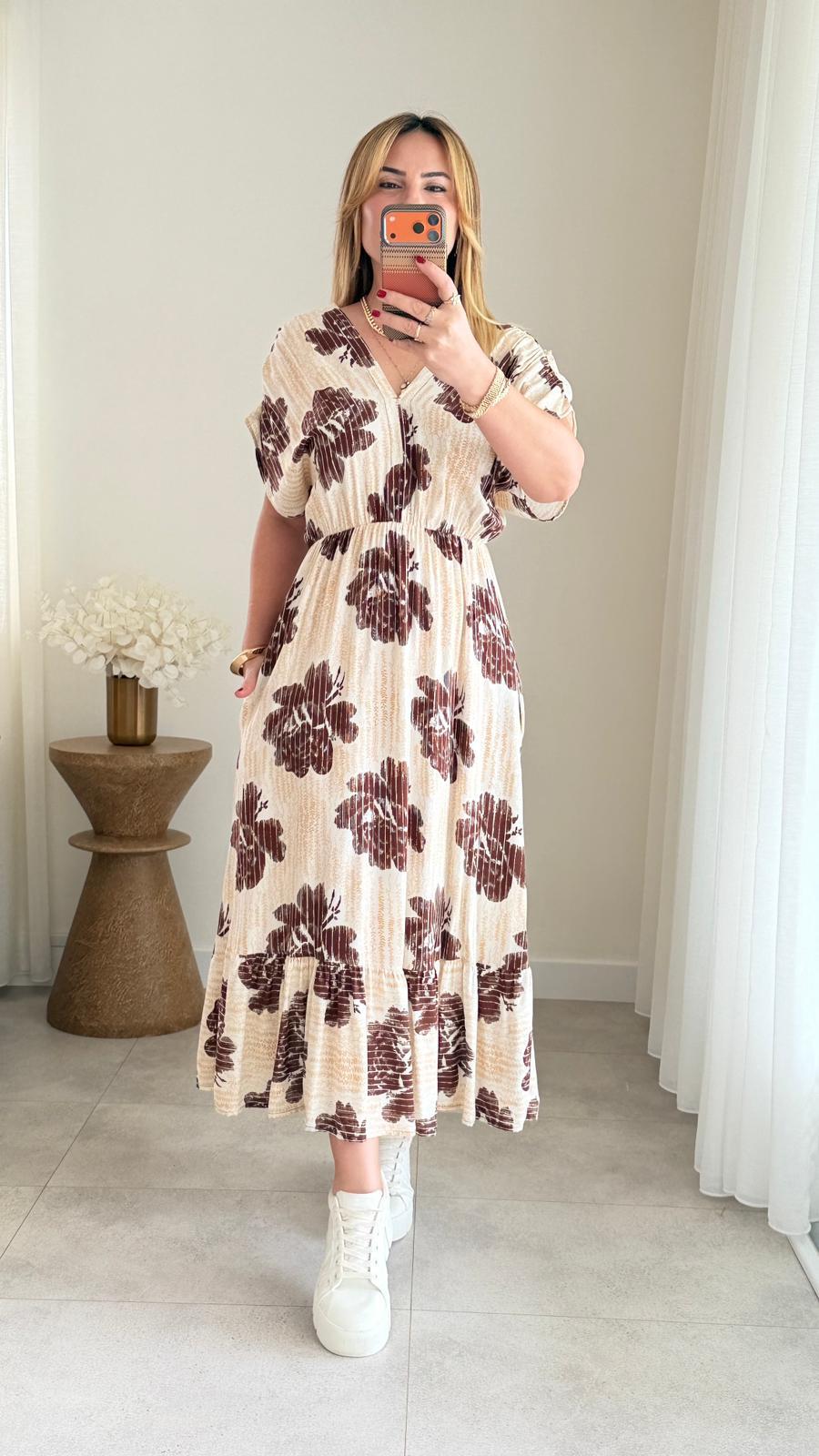 8934 Kahve Çiçek Desen v Yaka Bel Lastikli Elbise