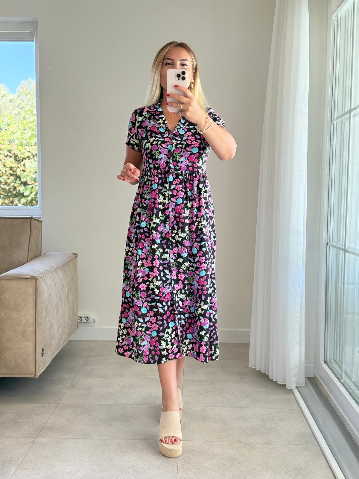 8152 Siyah Pembe Çiçek Elbise