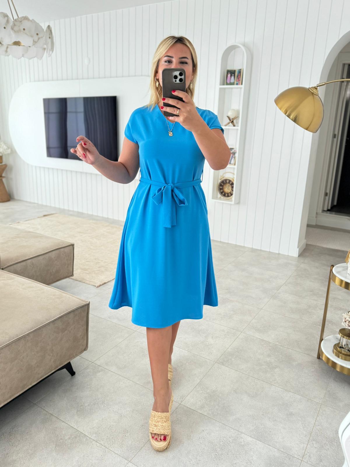 6482 Mavi V Yaka Kuşaklı Elbise