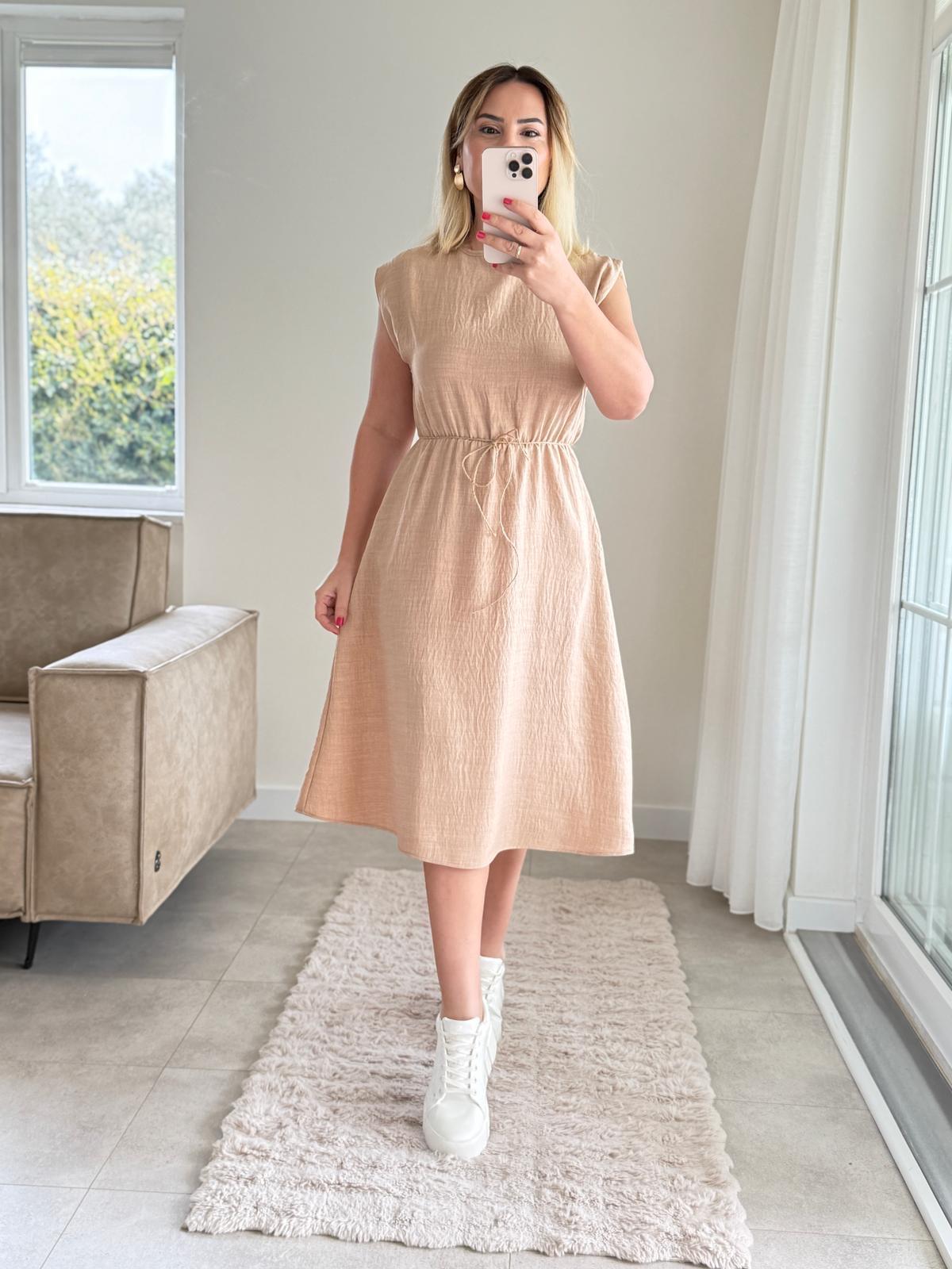 6645 Sütlü Kahve Bel Lastikli Elbise