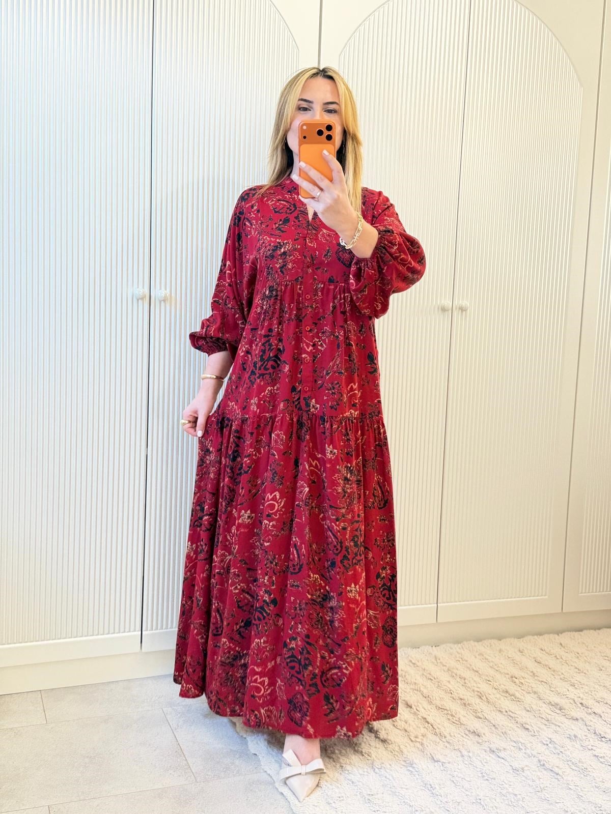 9144 Bordo Desenli Maxi Elbise
