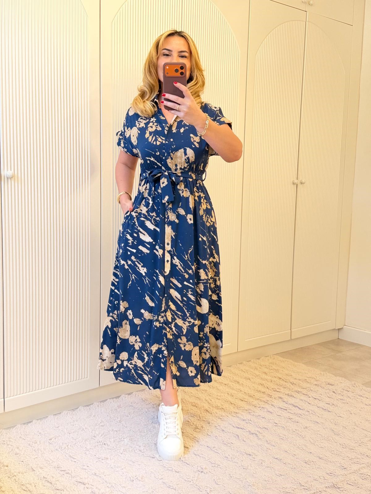 9289 İndigo Gömlek Yaka Kuşaklı Elbise