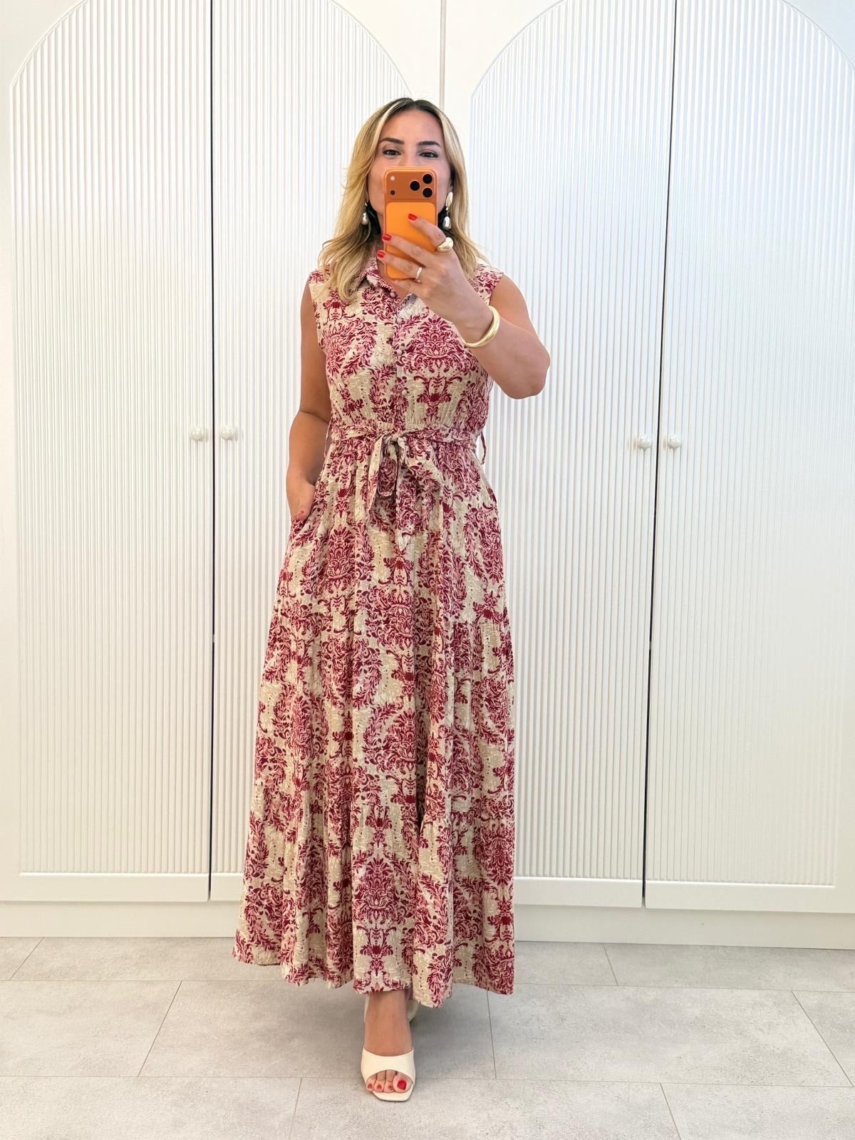 9492 Bordo Desenli Kolsuz Maxi Elbise