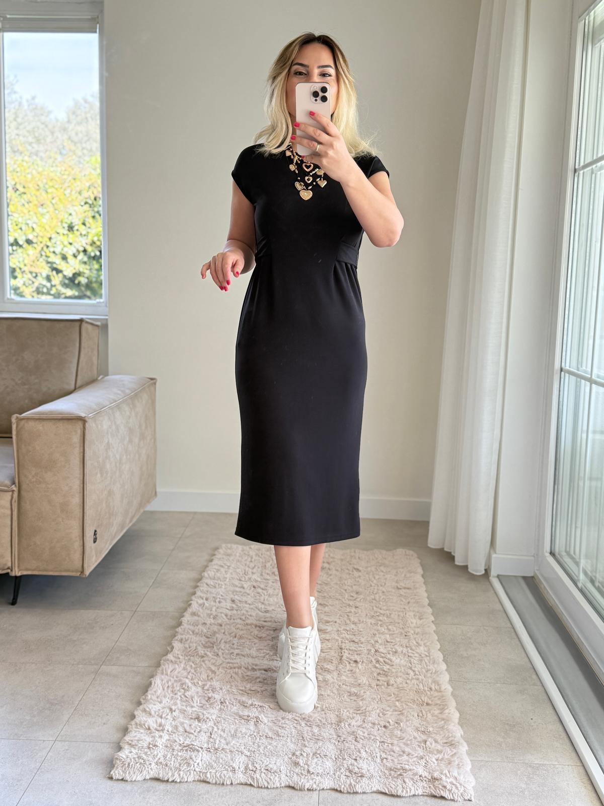 7741 Siyah Kendinden Kuşaklı Elbise