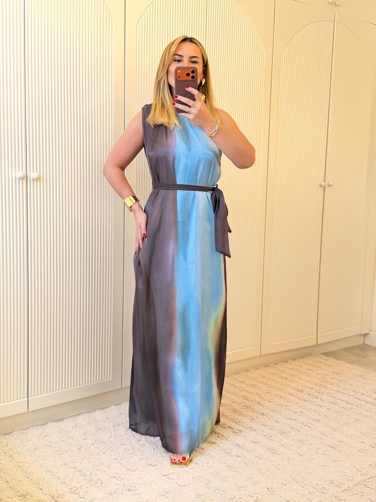 9282 Mavi Tek Omuz Organze Premium Elbise