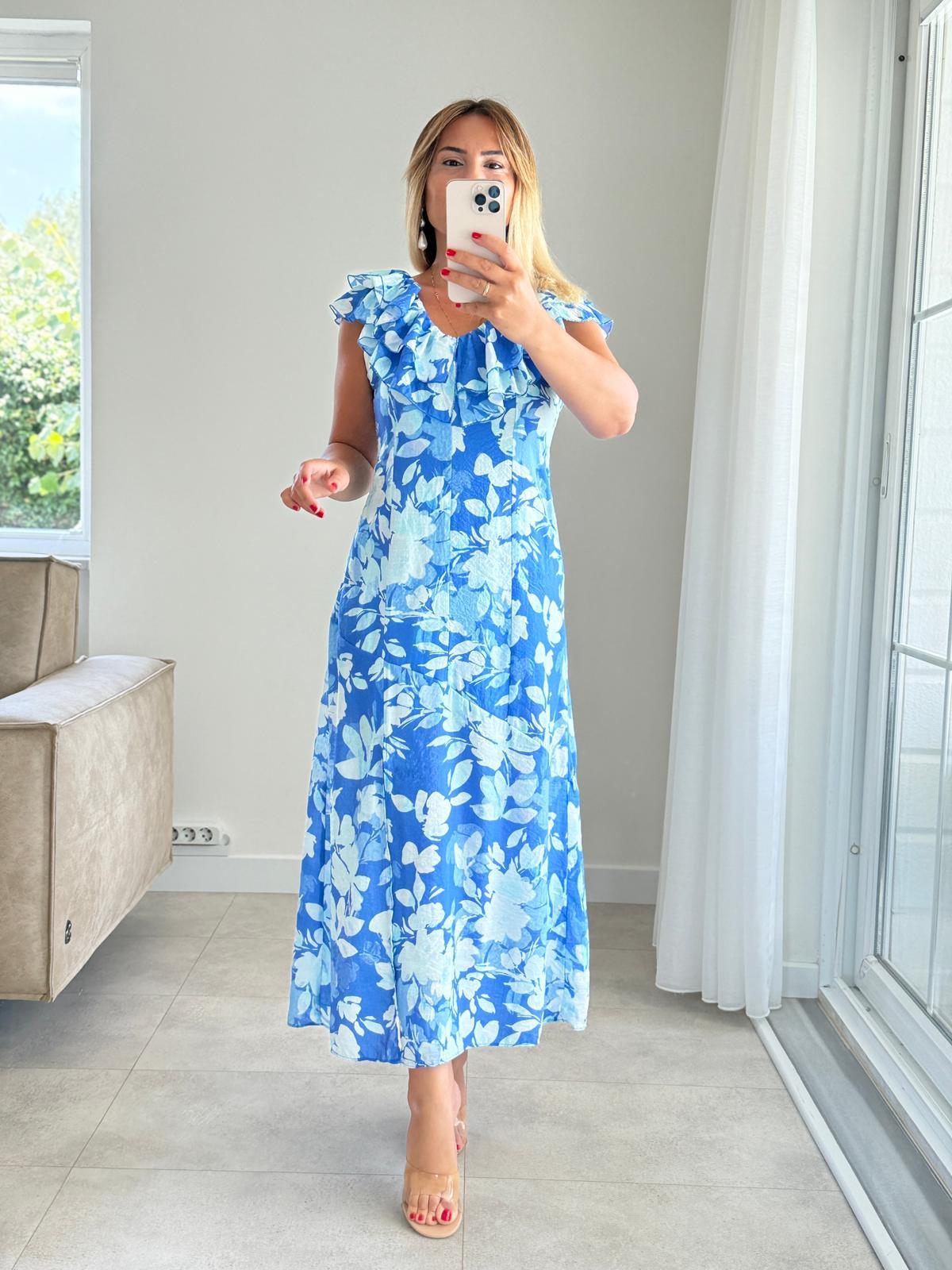 8249 Mavi Valon Yaka Omuz Elbise