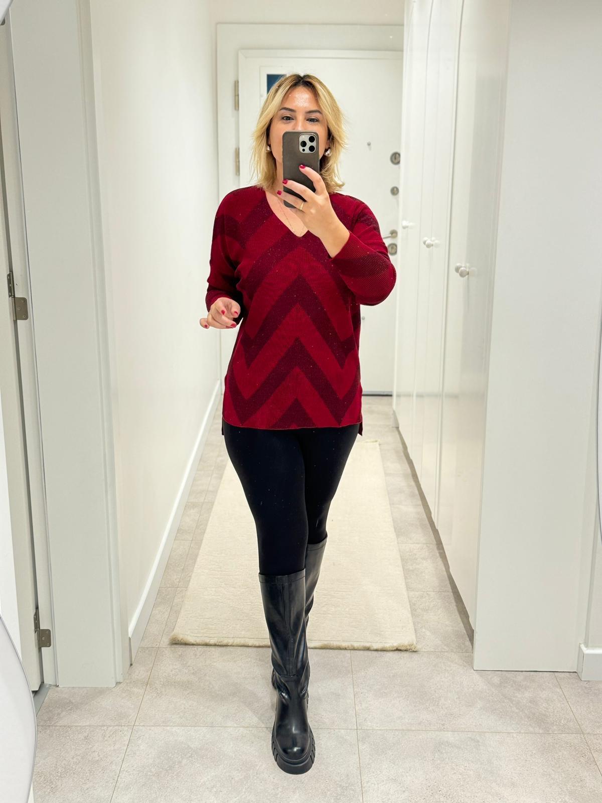 7033 Zikzak Kırmızı Oversize Triko