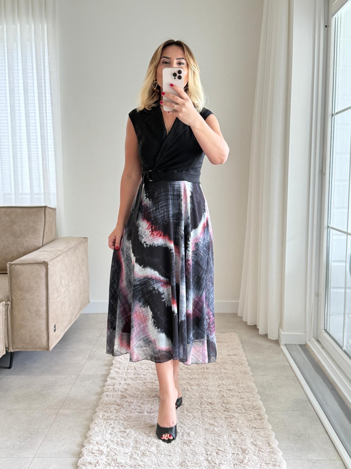 7836 Şifon Etekli Siyah Kot Elbise