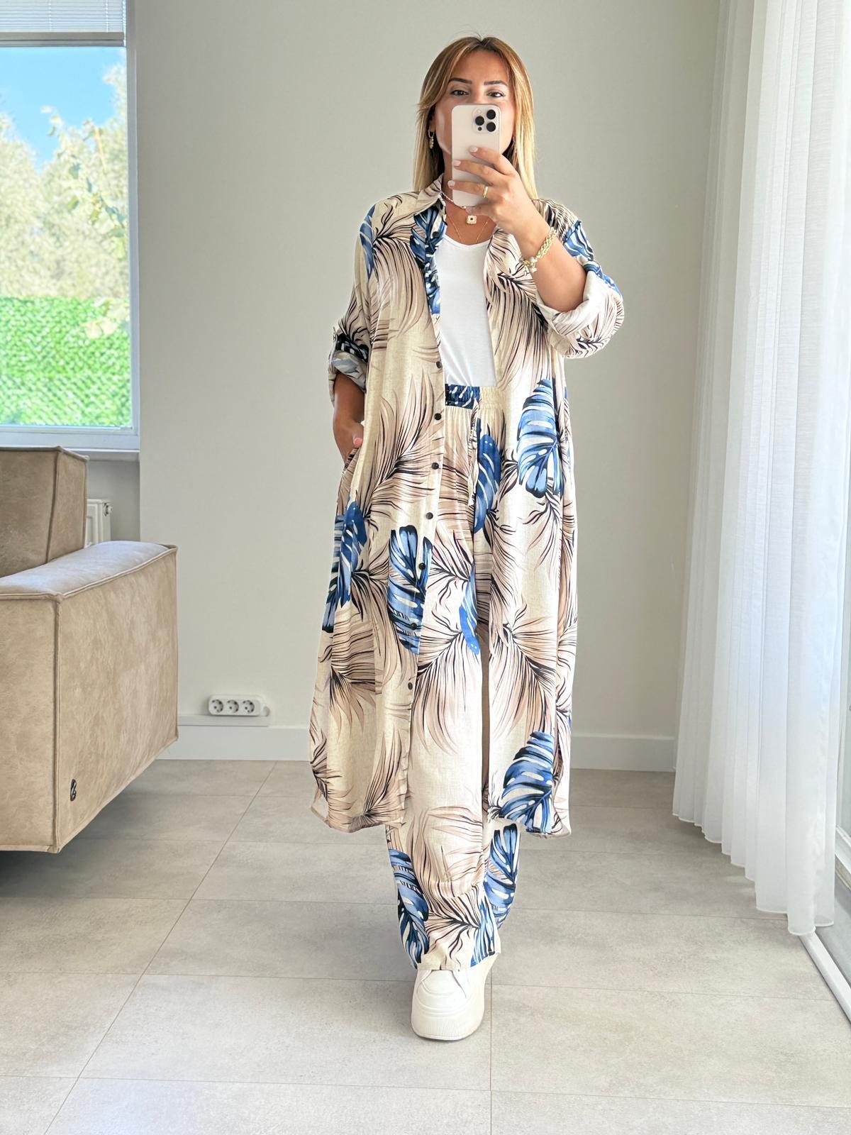 8413 Bej Yaprak Desen İkili Takım