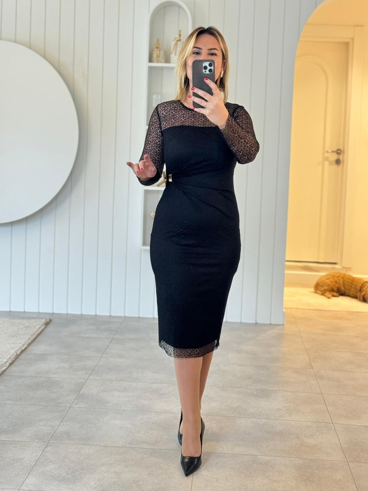 7098 Siyah Gold Toka Detay Midi Elbise