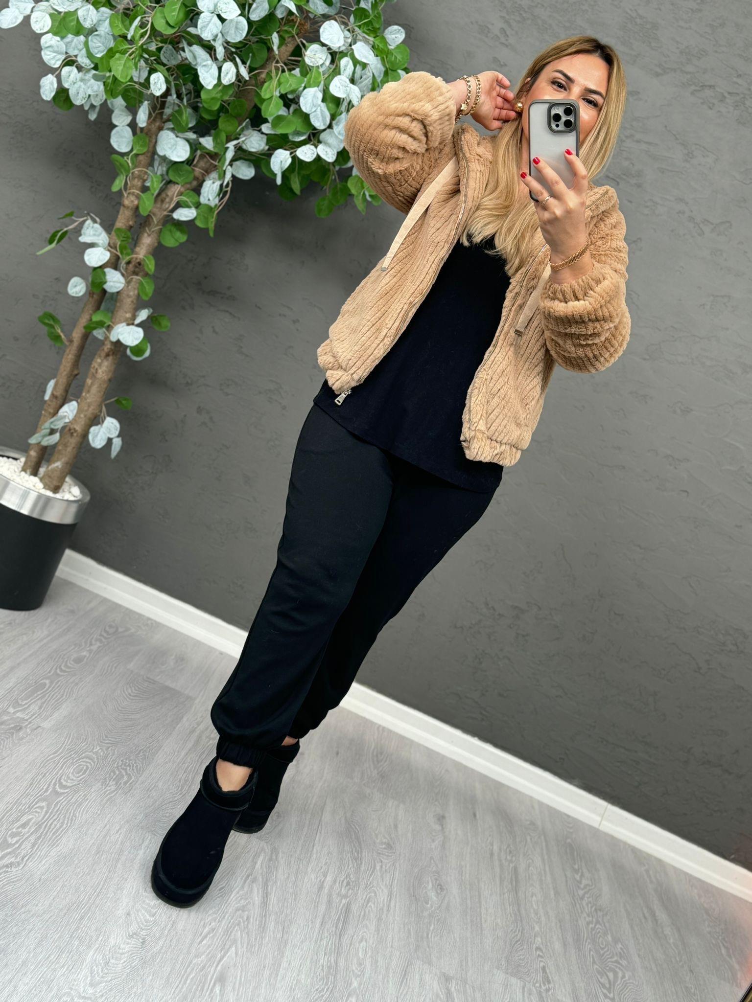 5667 Camel Kapişonlu Peluş Mont