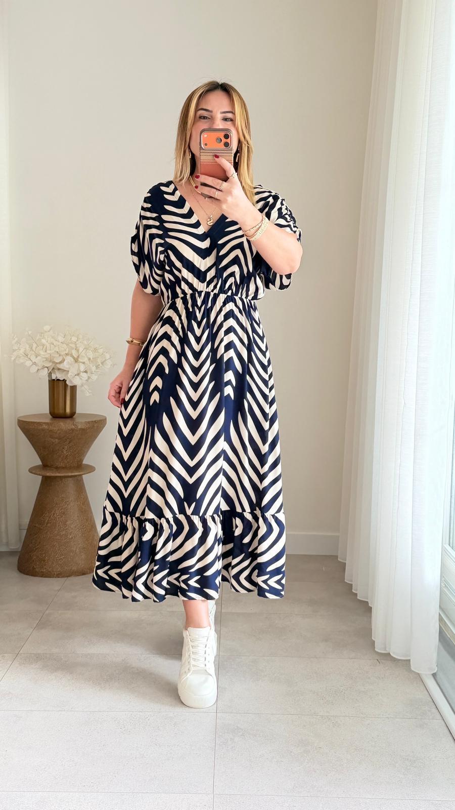 8931 Lacivert Krem Desen v Yaka Bel Lastikli Elbise