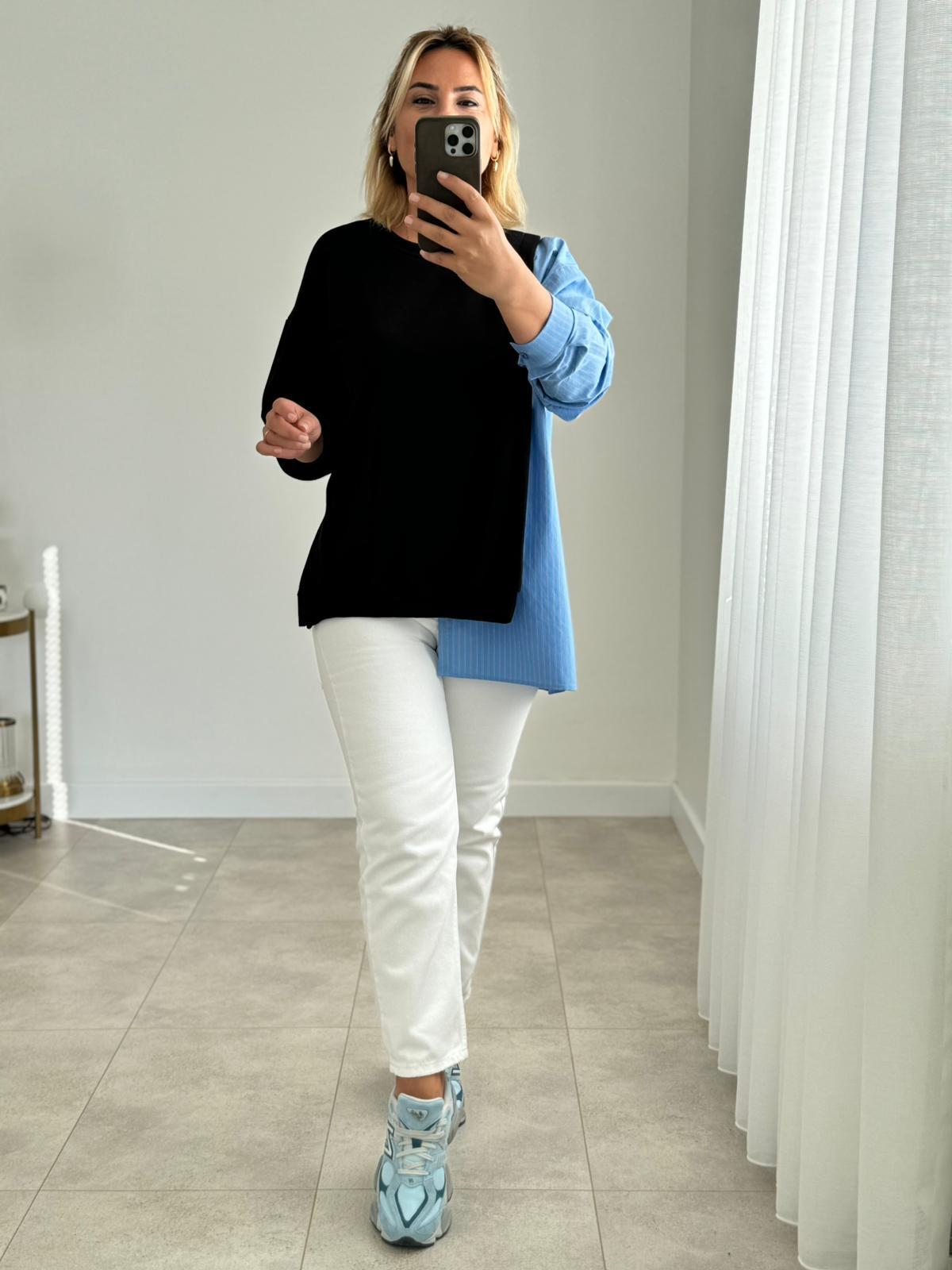 6898 Poplin Detay Siyah Sweat