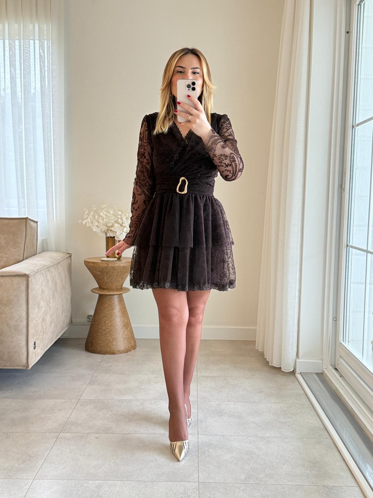 8865 Acı Kahve Kruvaze Katlı Etek Tül Elbise