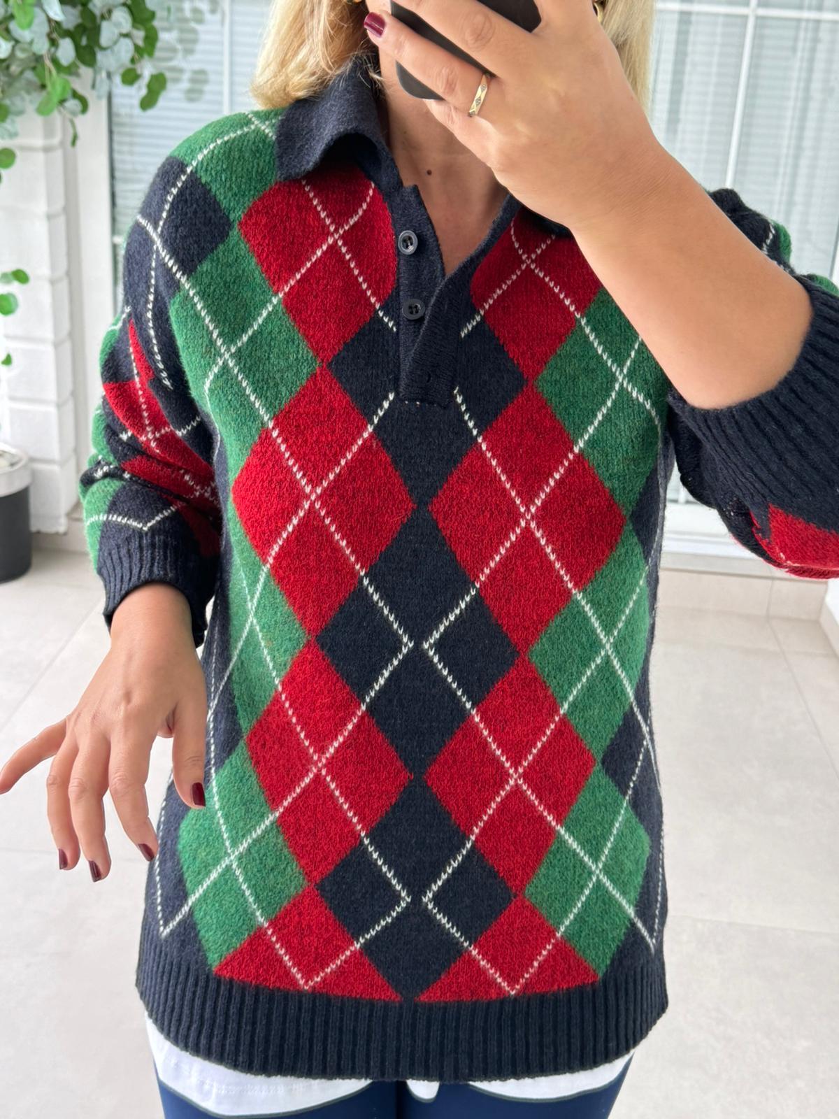 6944 Lacivert Gömlek Yaka Baklava Desen Kazak