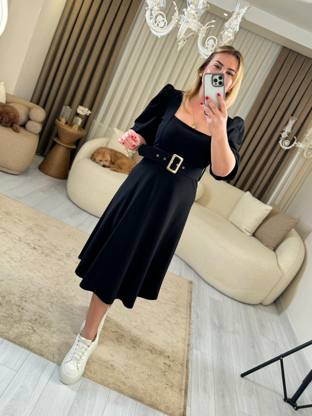 5821 Siyah Kemerli Midi Elbise