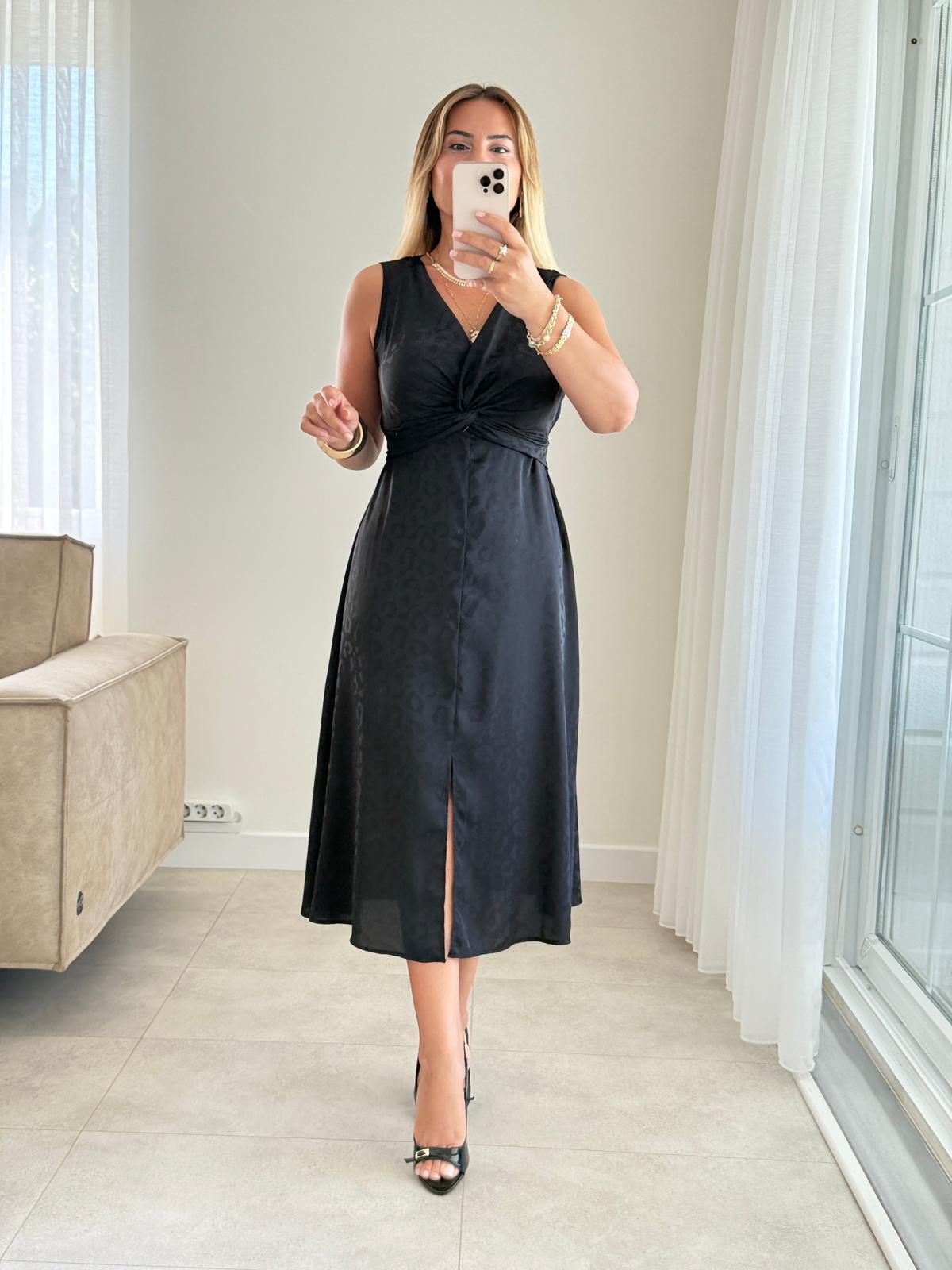 8276 Siyah Ön Düğümlü Leopar Elbise