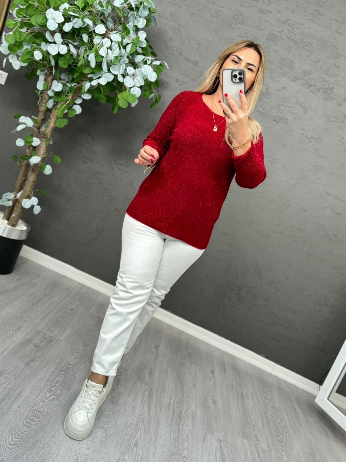 5573 Kırmızı Bisiklet Yaka Simli Triko
