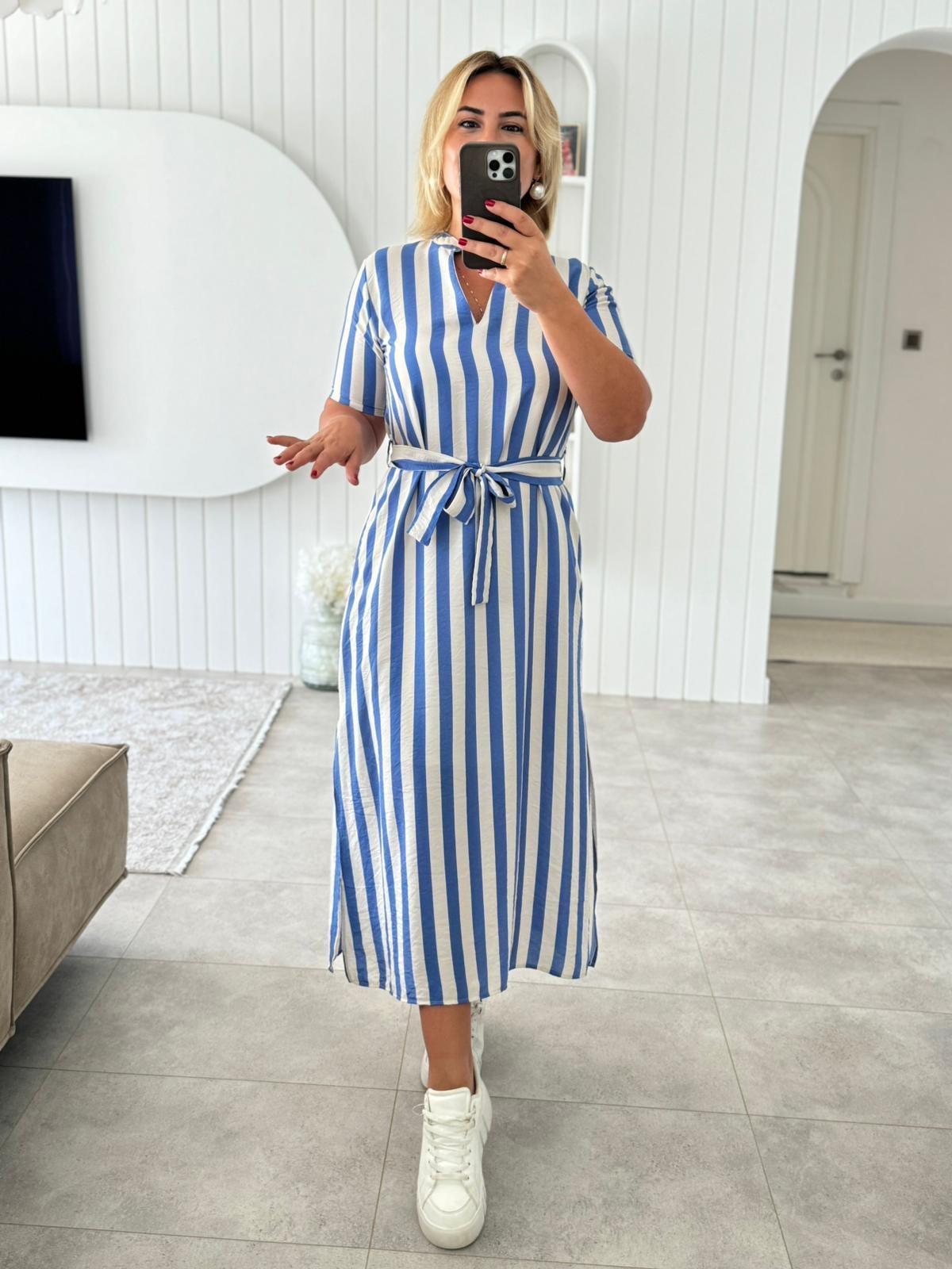 6813 Mavi Çizgili Hakim Yaka Elbise