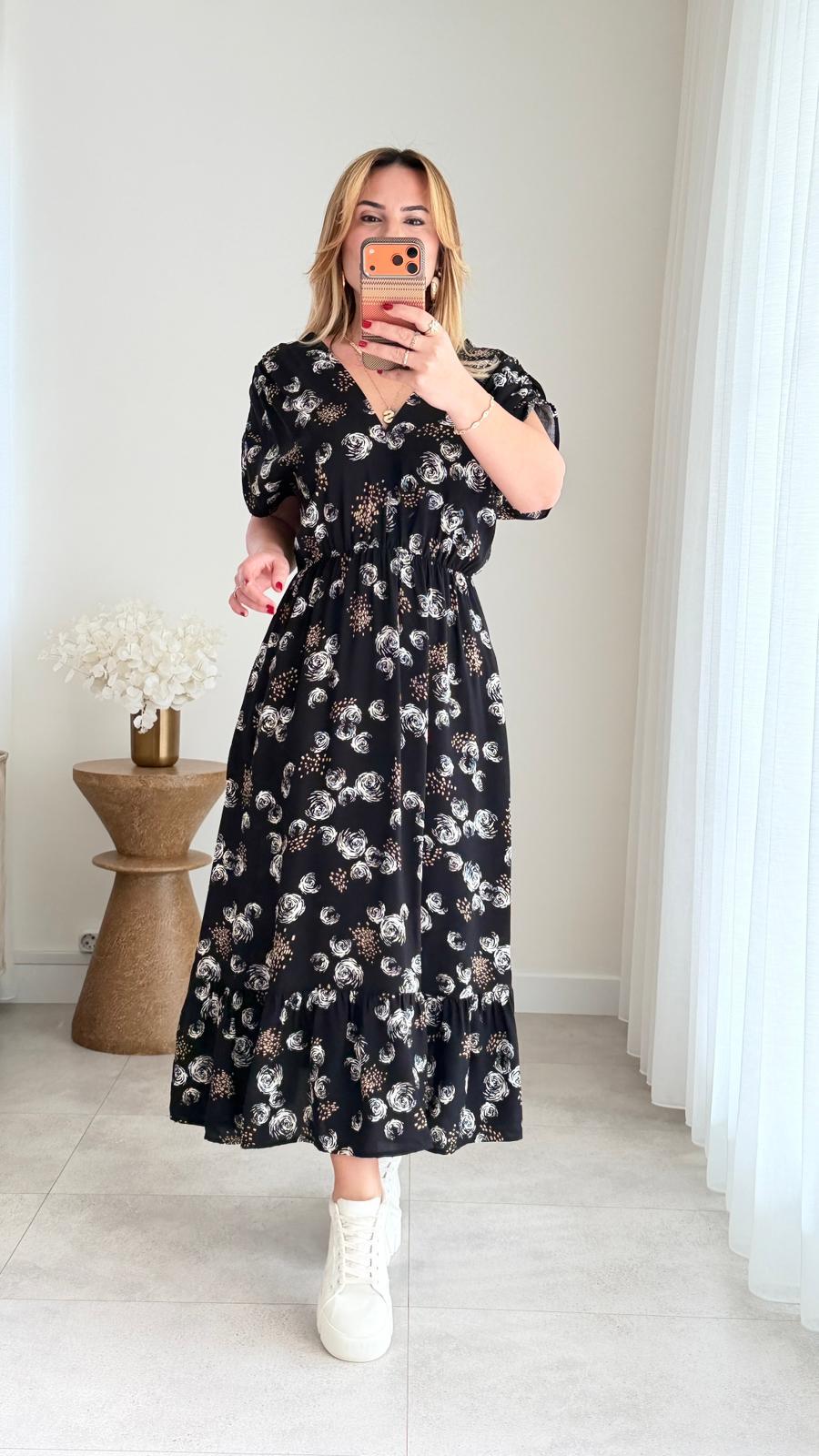 8920 Siyah Gül Desen v Yaka Bel Lastikli Elbise