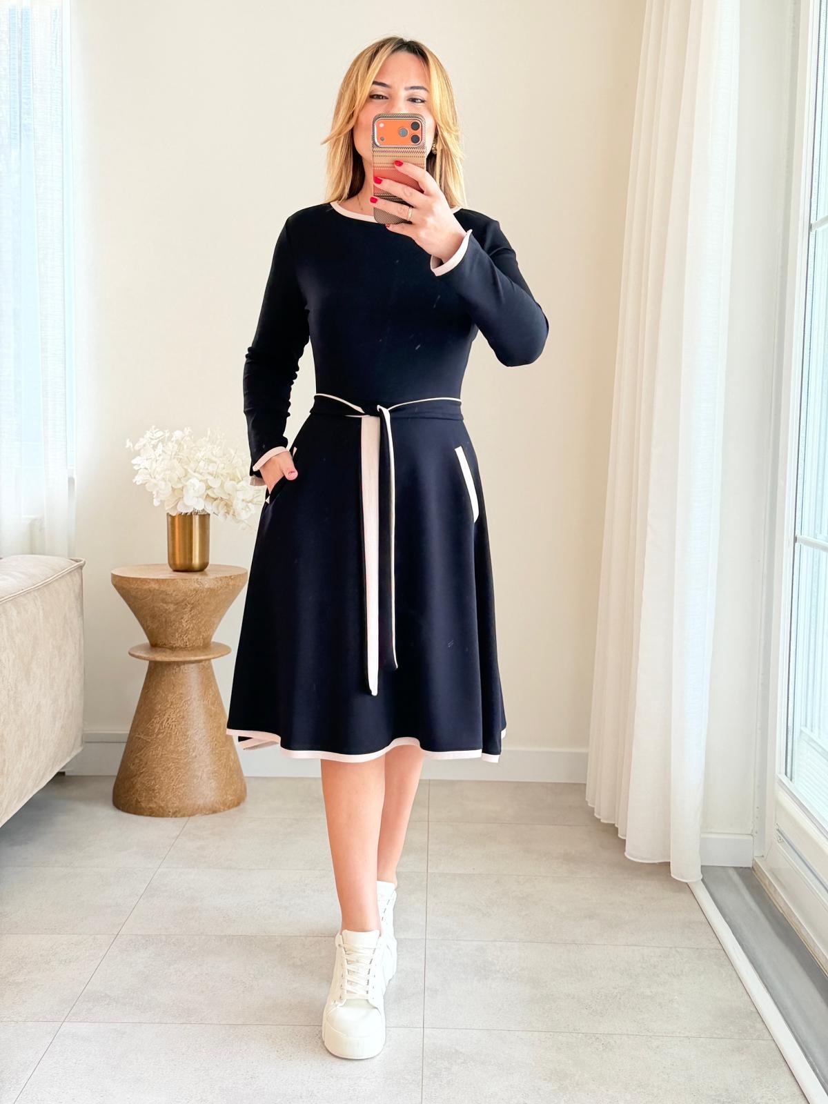 8963 Siyah Kuşaklı Modal Elbise