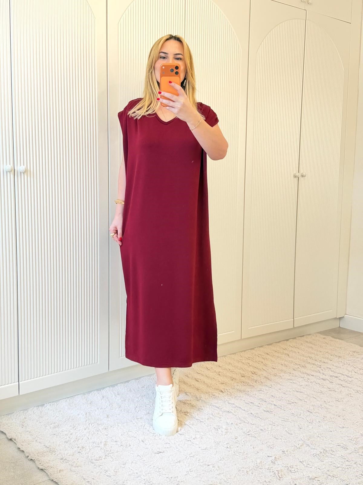 9204 Bordo V Yaka Yan Yırtmaç Elbise