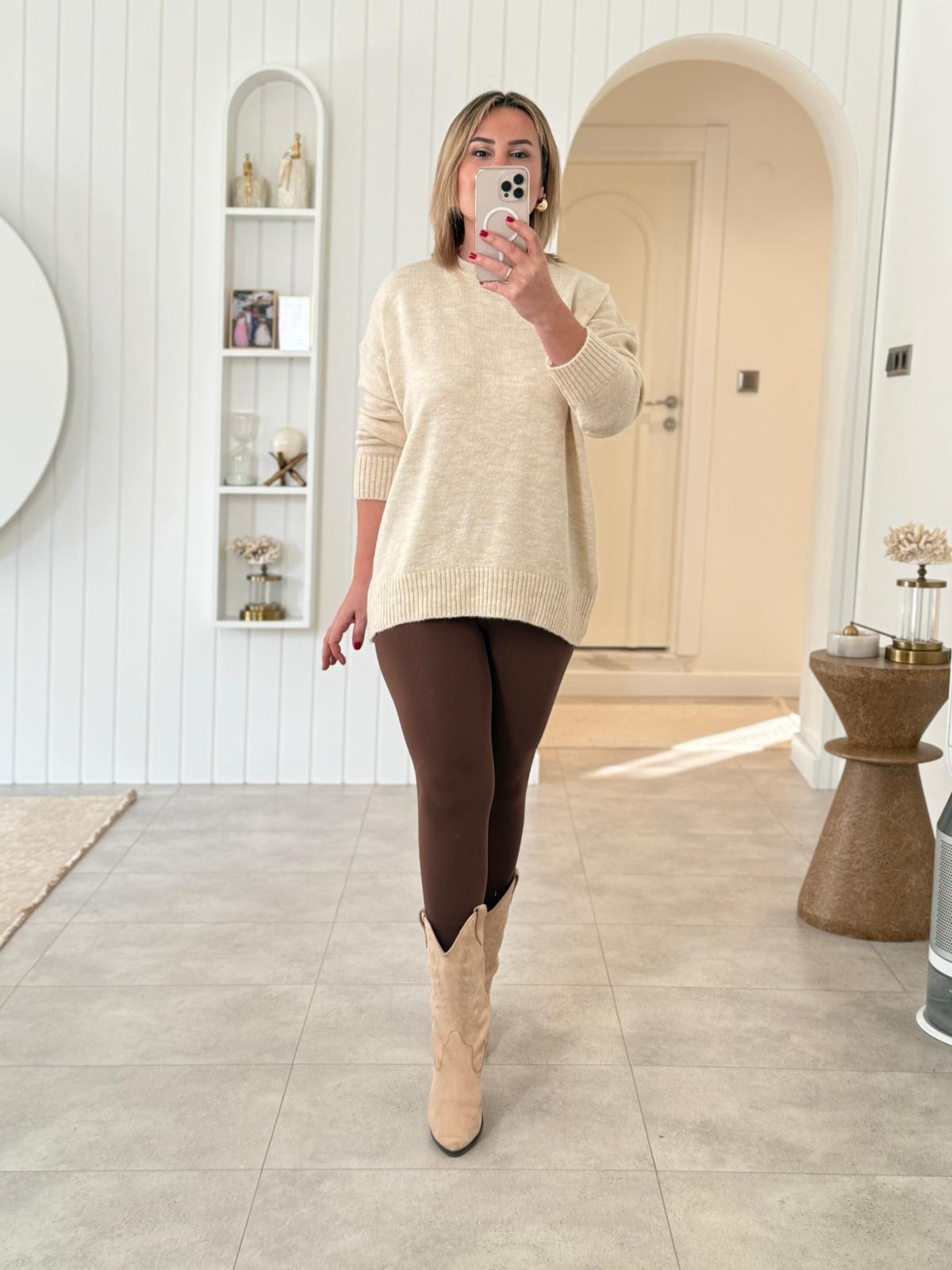 6885 Bej Oversize Bisiklet Yaka  Triko