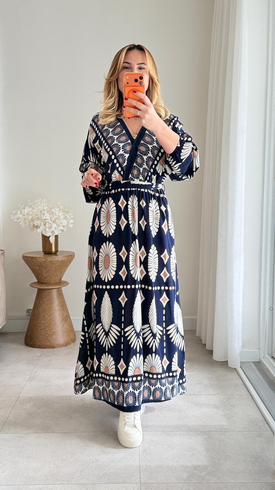 8904 Lacivert Kruvaze Yaka Viskon Elbise