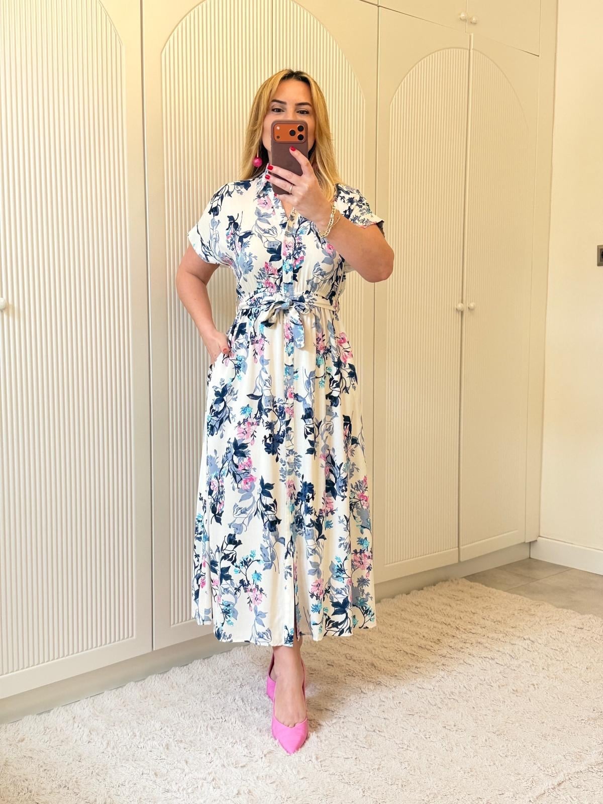 9276 Kısa Kollu Lacivert Desen Elbise