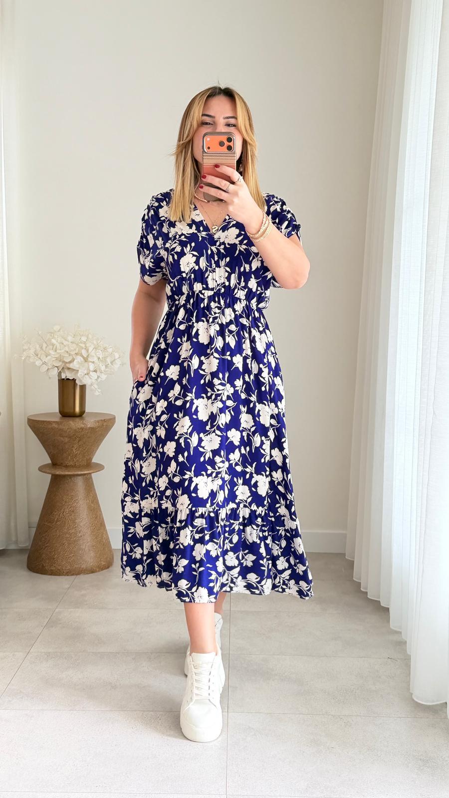 8928 Sax Çiçek Desen v Yaka Bel Lastikli Elbise