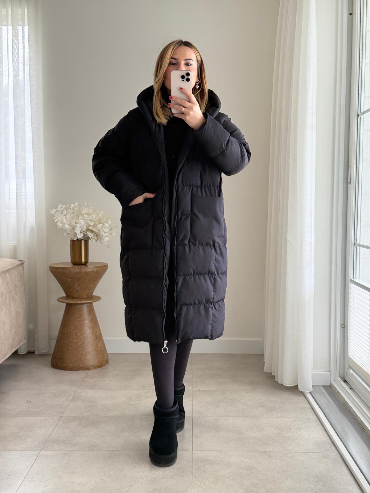 8856 Kapüşonlu Uzun Şişme Mont