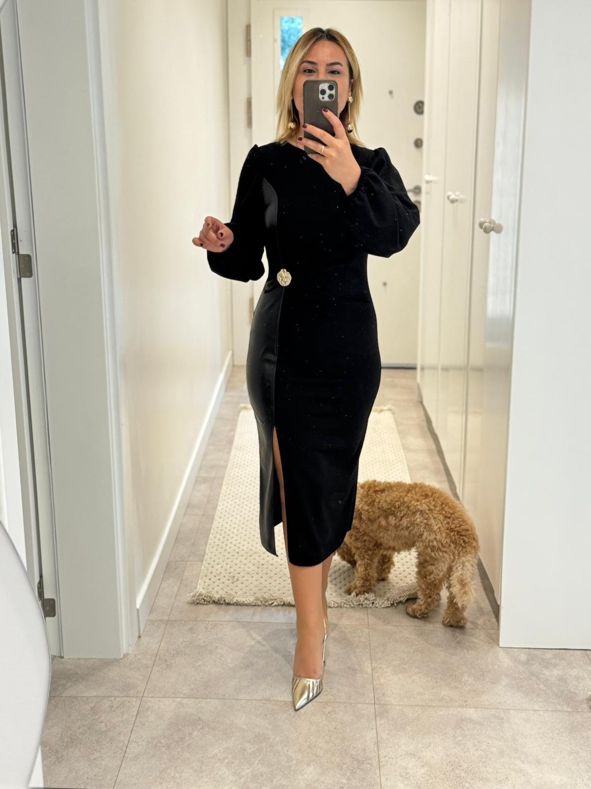 7151 Metal Broş Ve Deri Detaylı Elbise