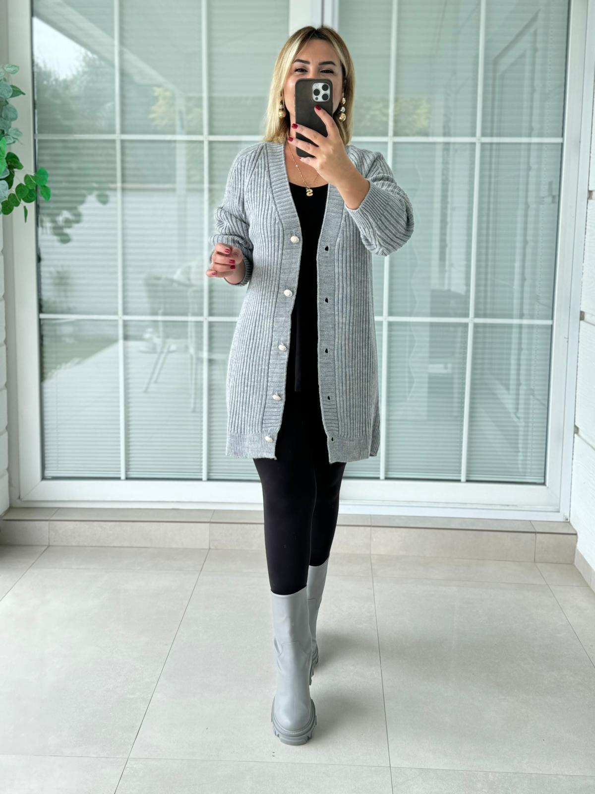 6989 Gri Fitilli Triko Hırka